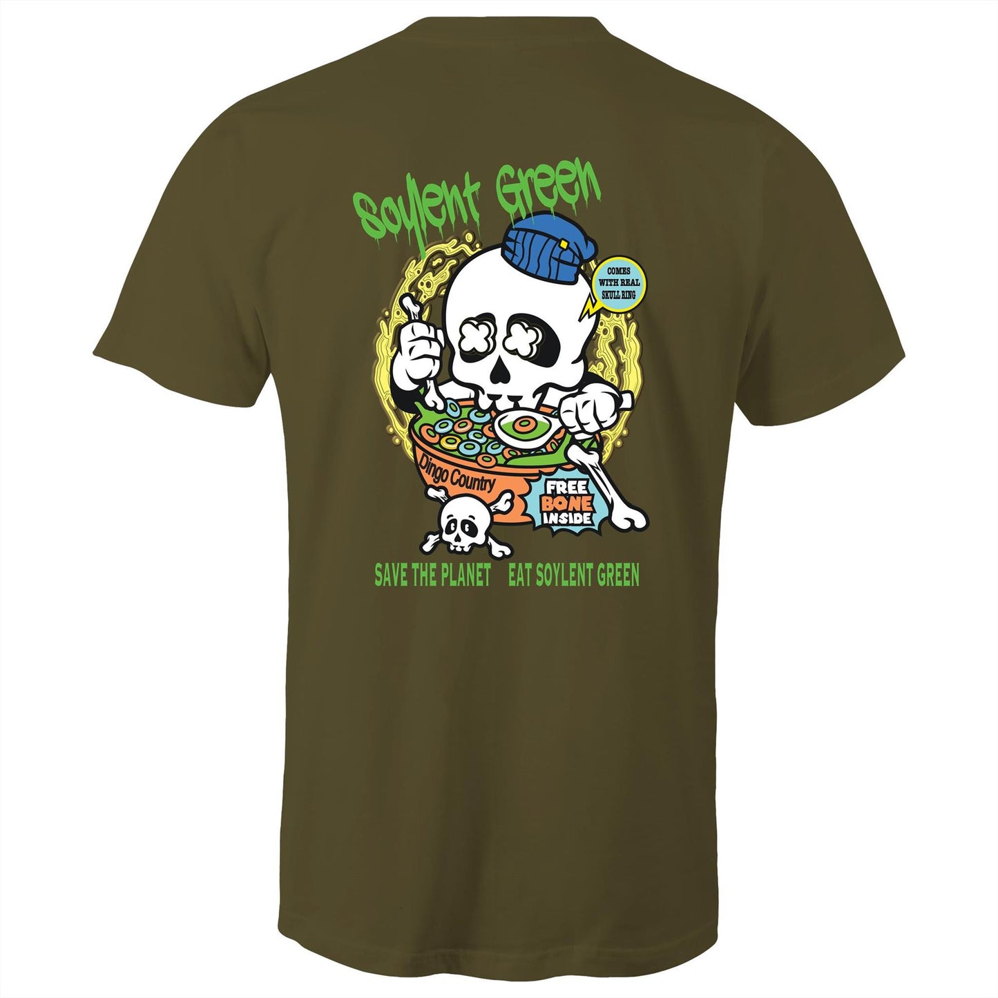 Rear view of a army green T-shirt featuring a colourful 'Soylent Green' graphic with a skull eating cereal, highlighting an environmental message with a twist of dark humour.