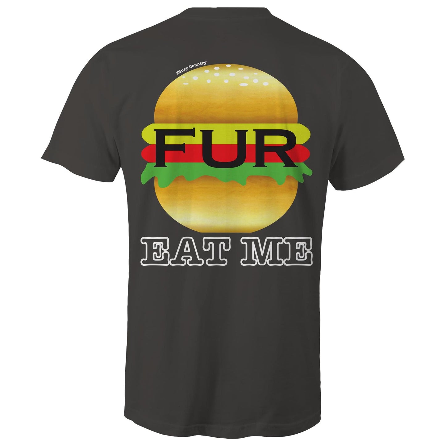 Back of charcoal t-shirt displaying a humorous 'EAT ME' text with a stylized Fur burger graphic, blending Australian slang with playful design
