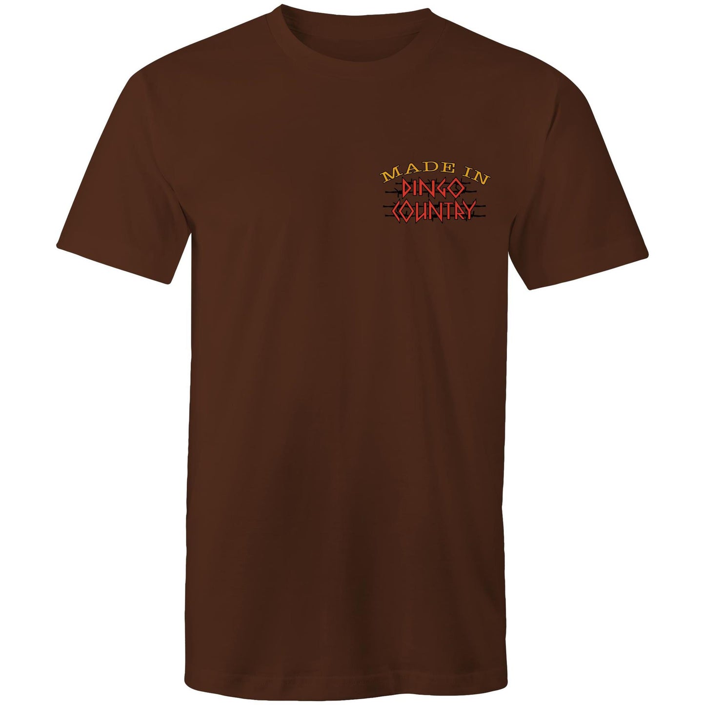 Dark chocolate T-shirt with a small 'Made in Dingo Country' logo on the chest, symbolizing Australian heritage with a minimalist front design.