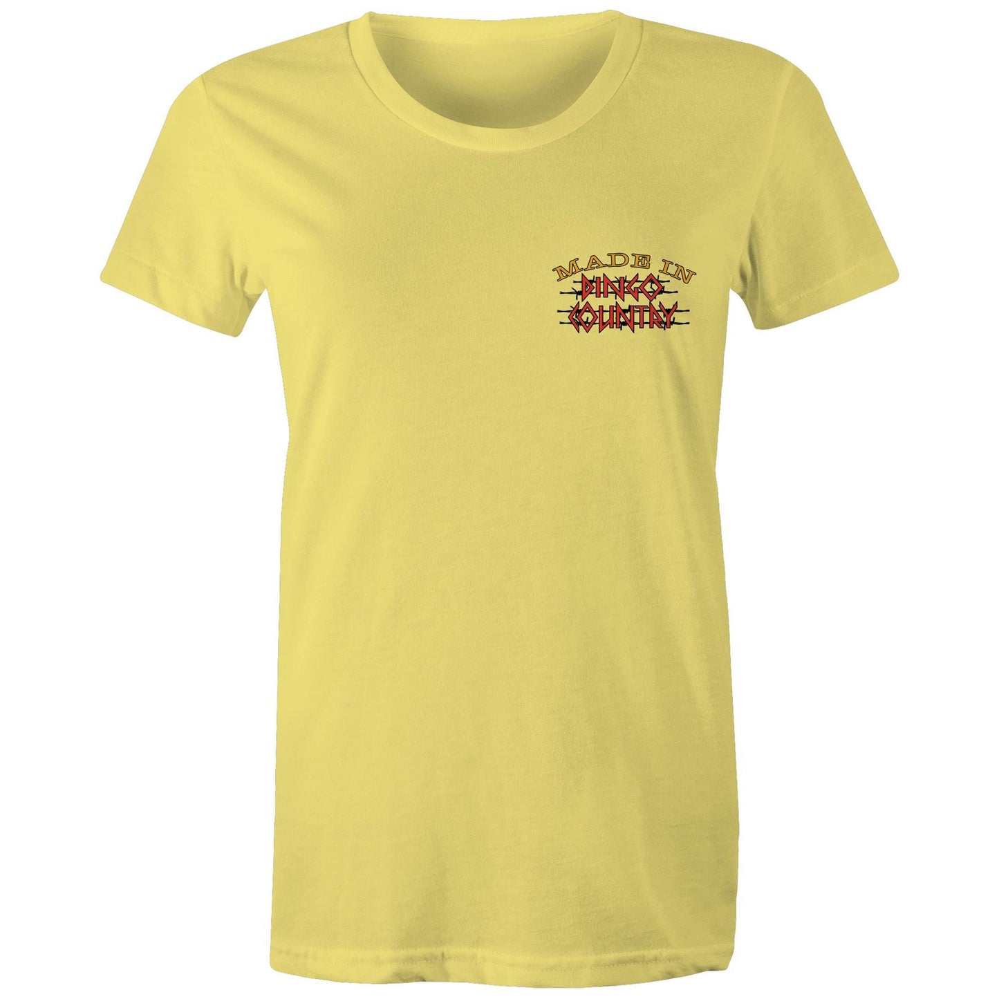 Simple and elegant yellow Women's Maple Tee with 'Made in Dingo Country' in distressed Australian flag colours across the chest.