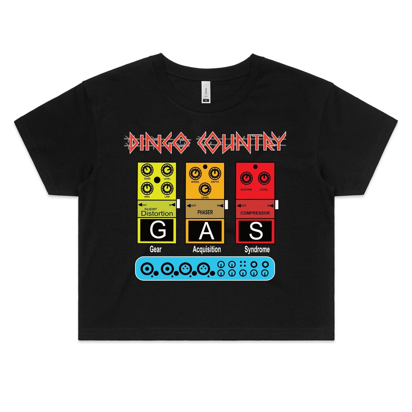 Dingo Country's GAS Women's Crop Top black, adorned with pedal graphics and gear-themed lettering