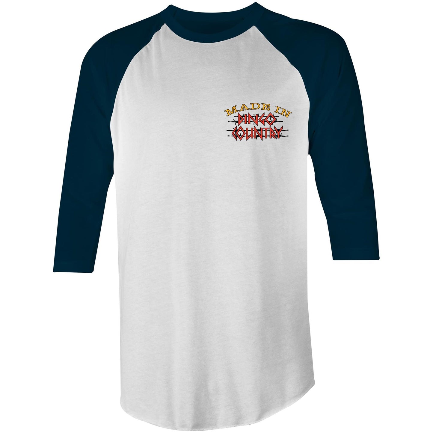 White raglan T-shirt with navy sleeves and a small 'Made in Dingo Country' logo on the front, simple yet stylish.