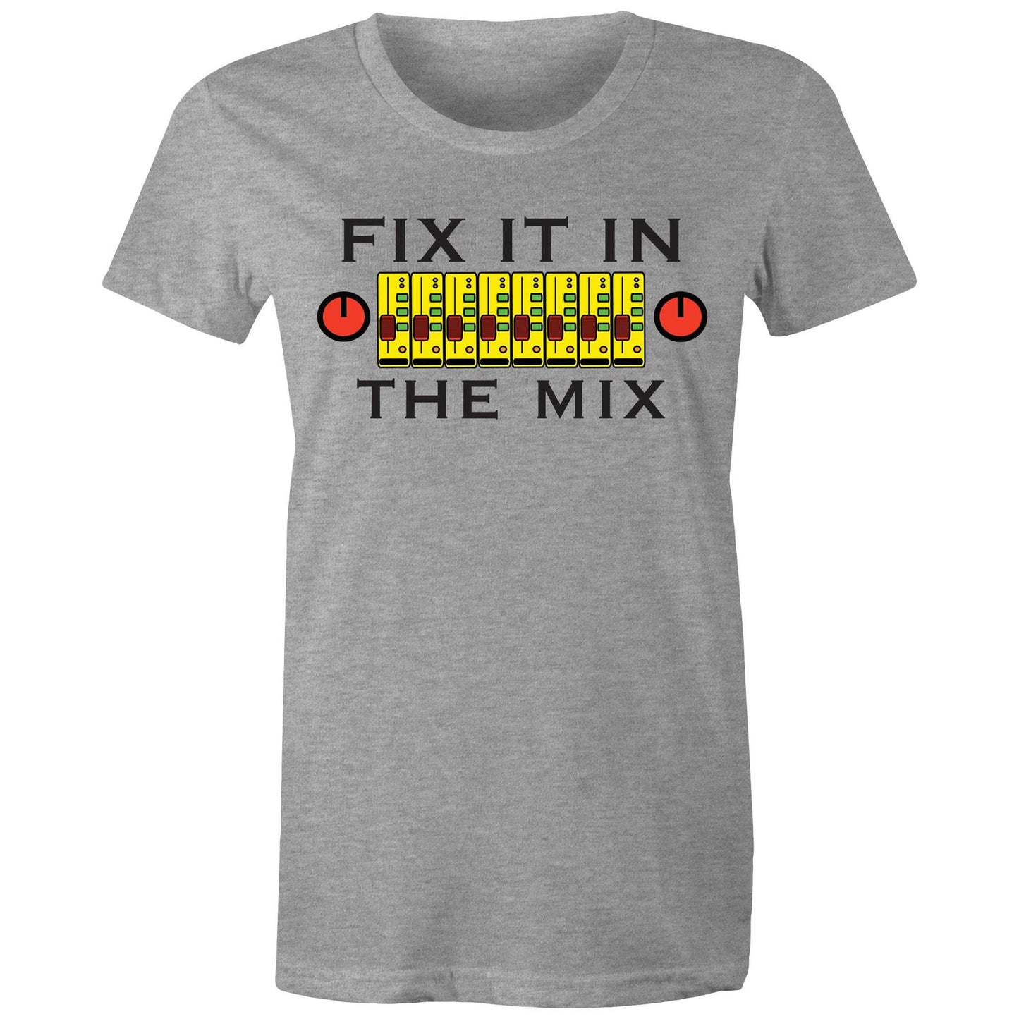 Fix It In The Mix' women's maple tee in grey with colorful mixer design
