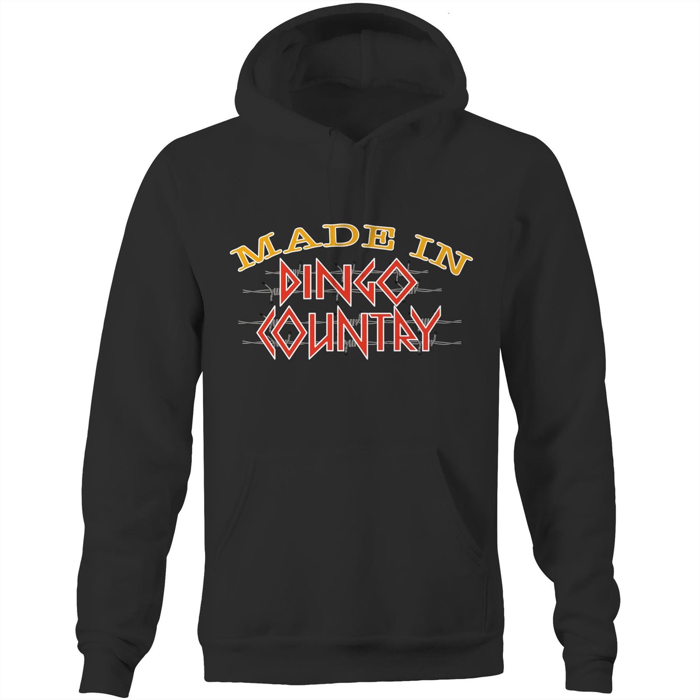 Cozy black pocket hoodie featuring the 'Made in Dingo Country' logo, available in eight colours for a snug, patriotic look.