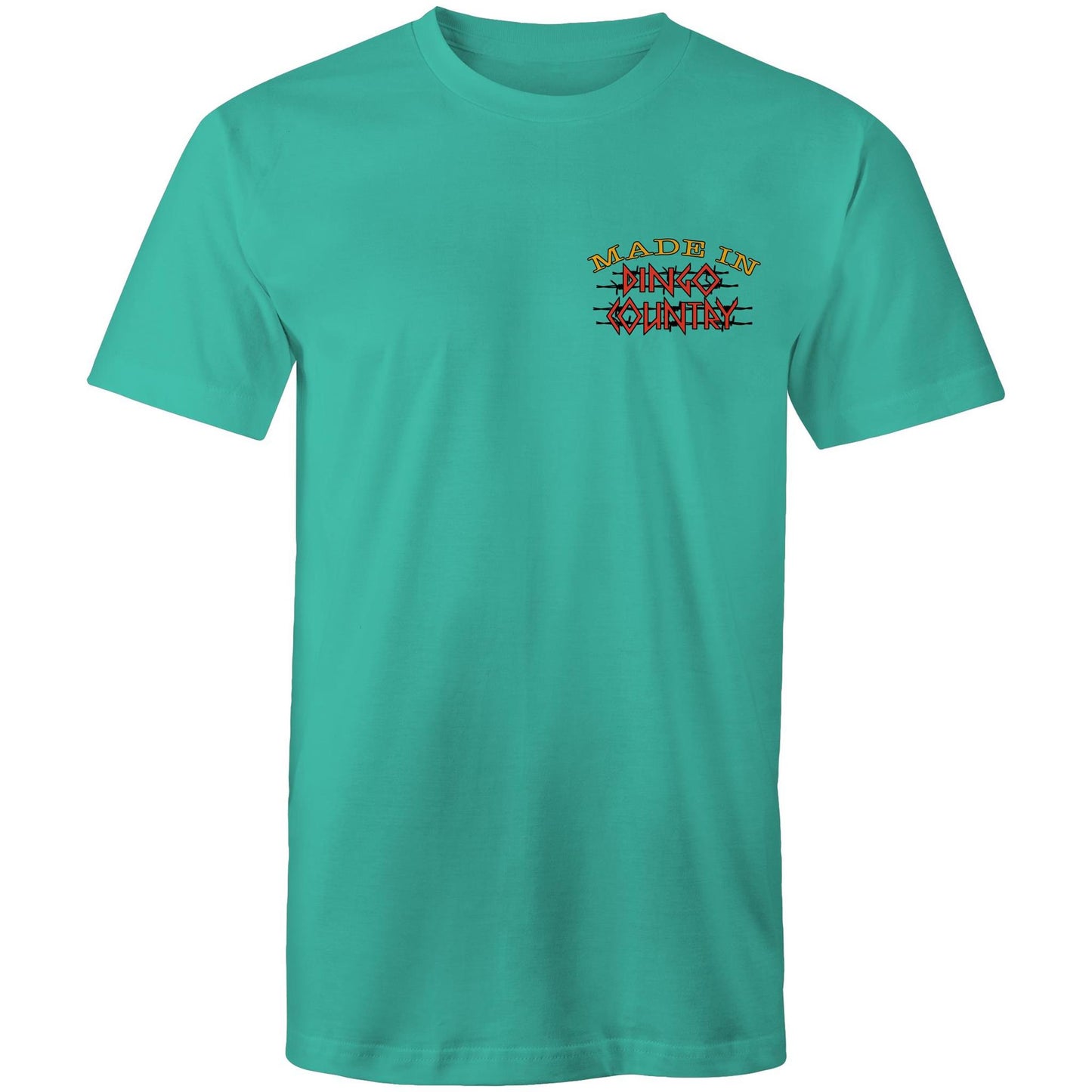Teal men's t-shirt with 'Made in Dingo Country' small chest print in red and black.