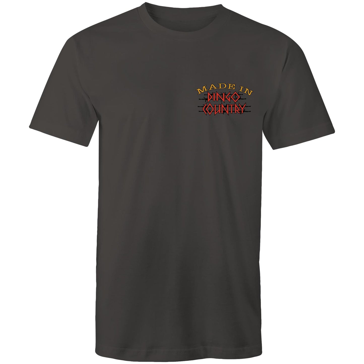 Charcoal T-shirt with a small 'Made in Dingo Country' logo on the chest, symbolizing Australian heritage with a minimalist front design.