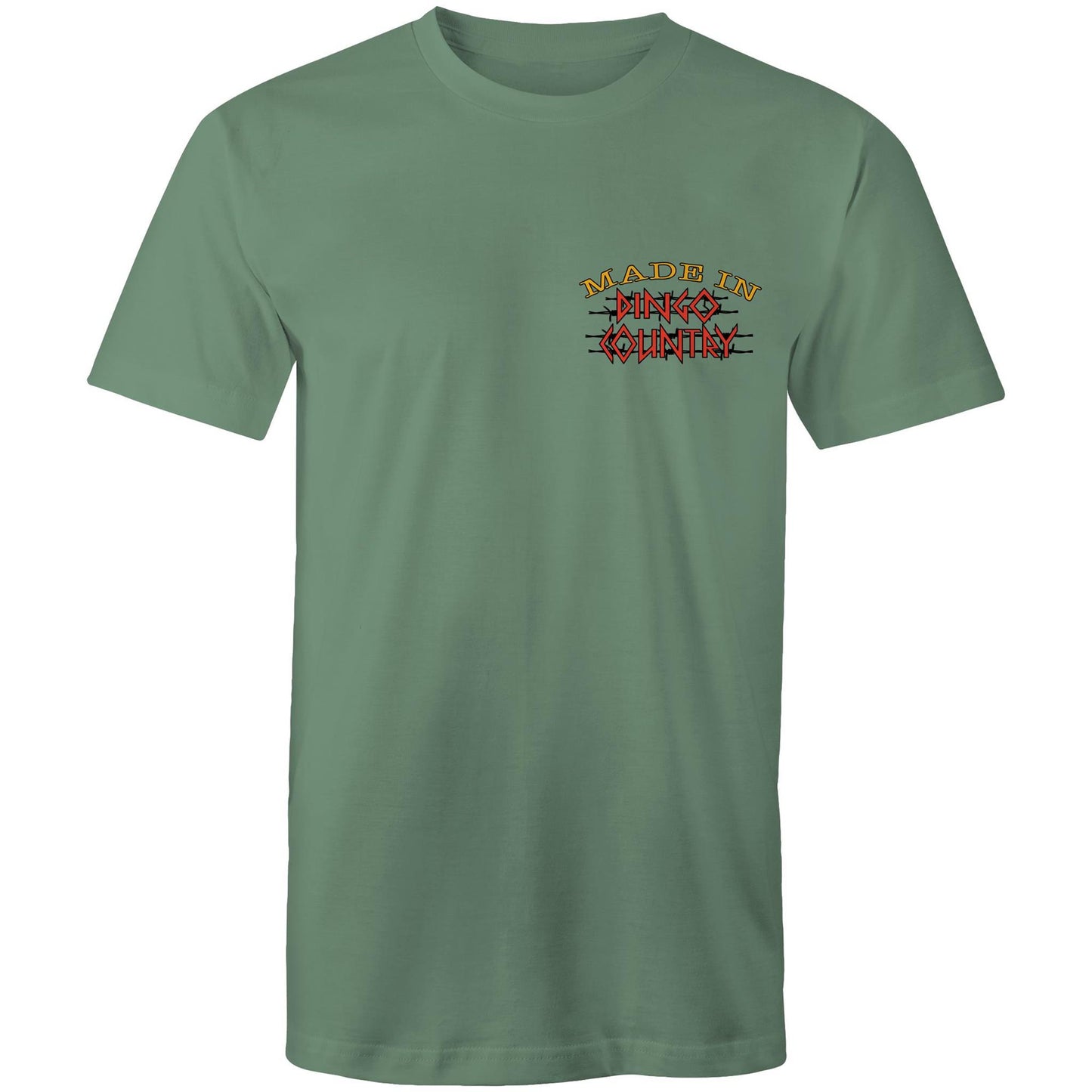 A sage men's t-shirt with a small, central chest print that reads "Made in Dingo Country", The print is stylized with the Australian flag colors and distressed lettering to give a rugged, patriotic feel.