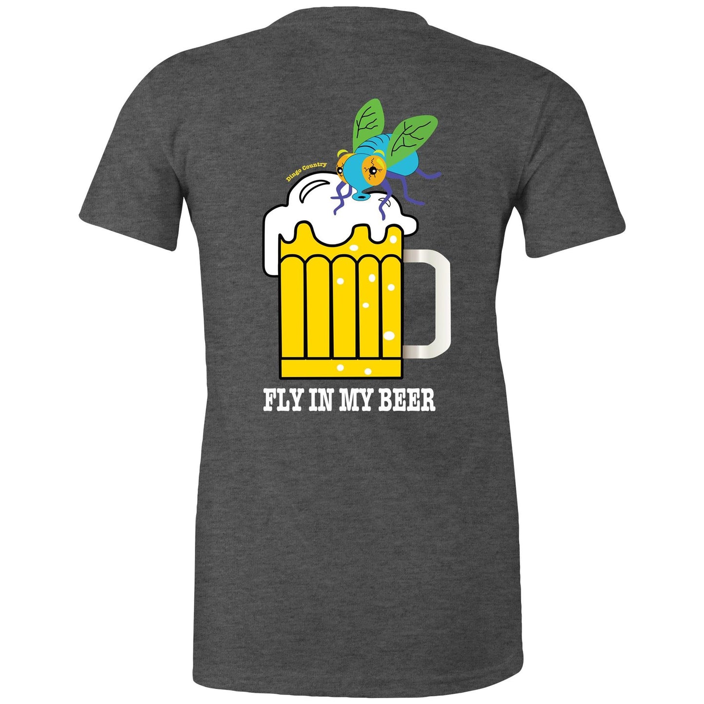 Back view of the asphalt marle 'Fly in My Beer' T-shirt featuring a humorous print with a cartoon fly in a frothy beer mug and the playful text below
