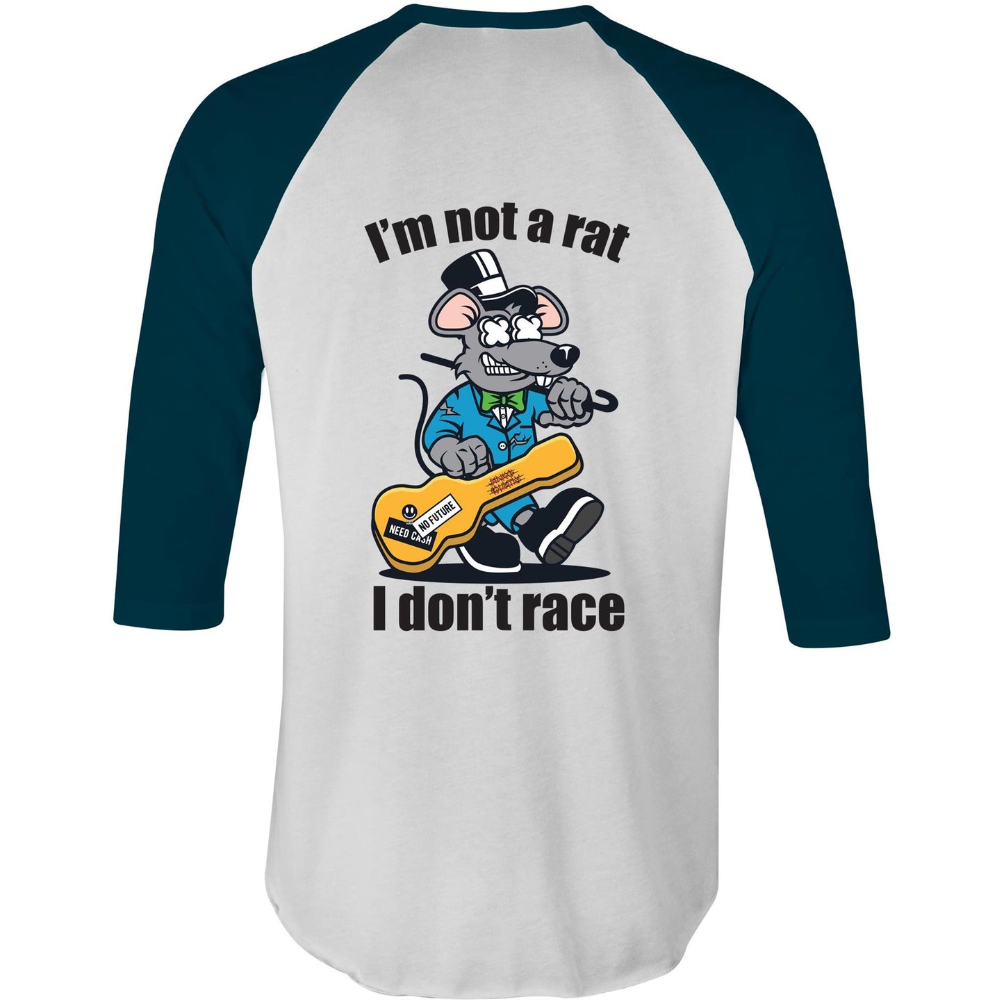 Back view of a Navy sleeve raglan t-shirt with a comical cartoon rat playing a bass guitar, captioned 'I'm not a rat, I don't race