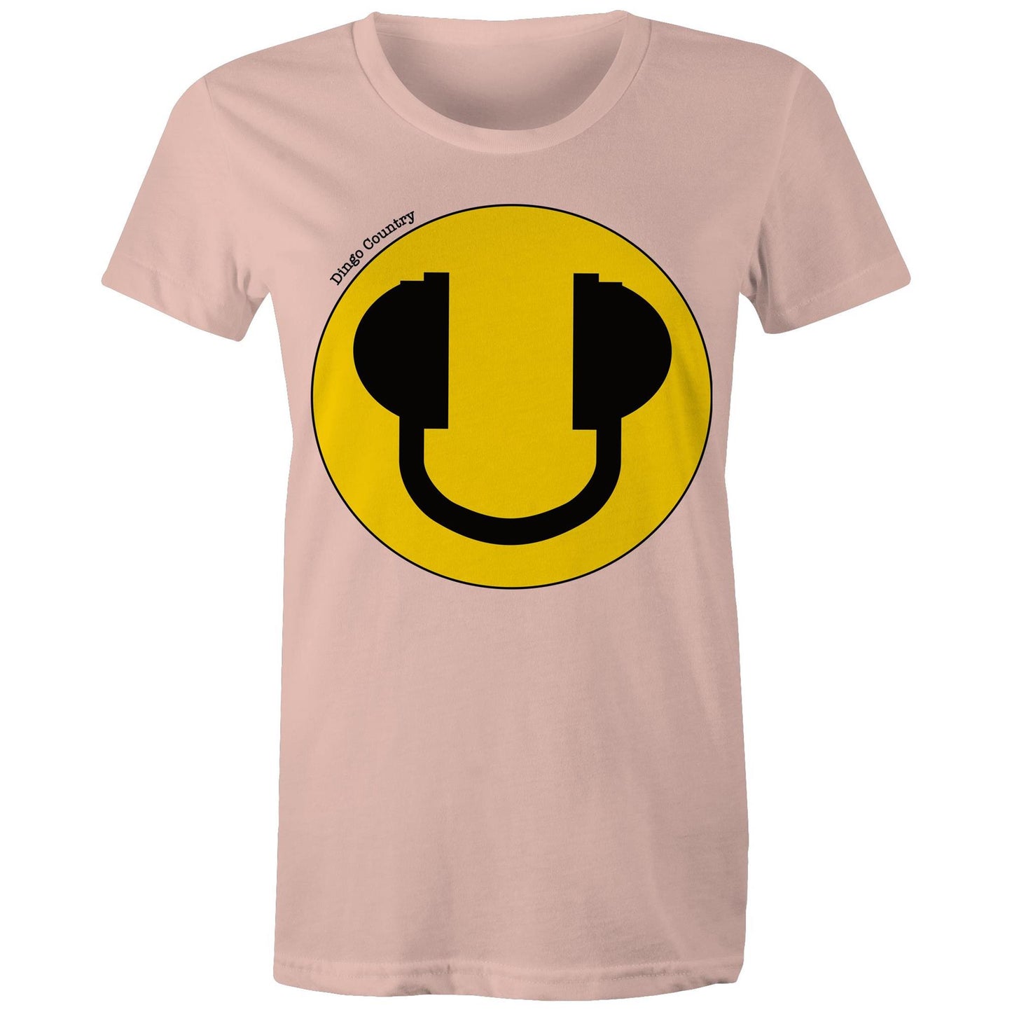 Women's Maple Tee in pale pink with a bold yellow smiley face and headphone design, expressing a fun-loving music vibe, available at Dingo Country.