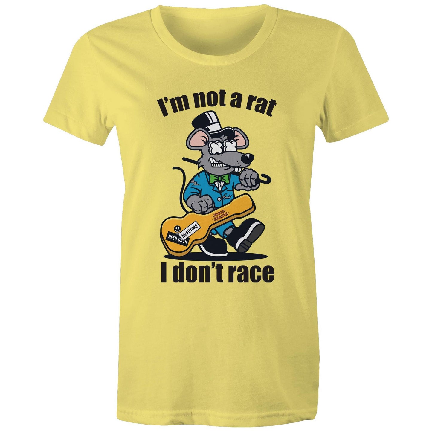 Front view of a woman's yellow maple tee with a graphic of a guitar-playing rat and the words 'I'm Not a Rat, I Don't Race', exemplifying a fun and laid-back style