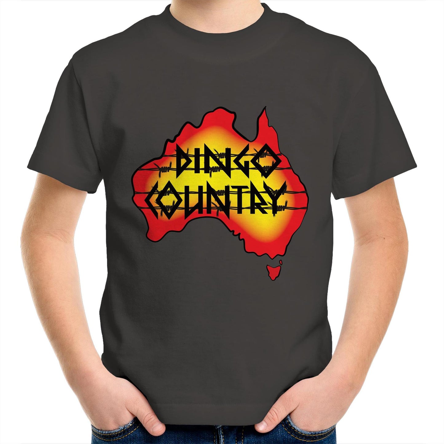 Child wearing Australian map Dingo Country T-shirt Charcoal
