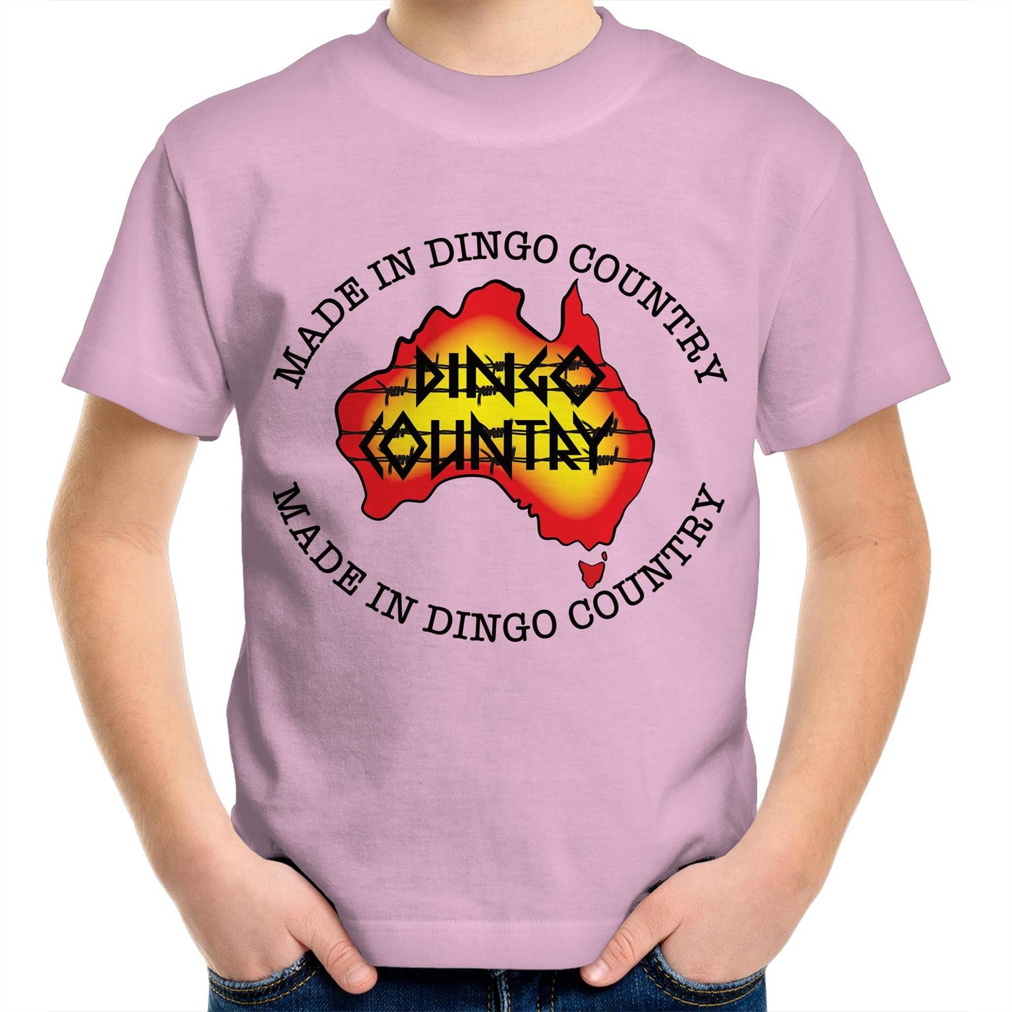 Child's pink crew-neck t-shirt with 'Made in Dingo Country' Australia map design, available in 10 vibrant colors for a fun Australian-themed style.