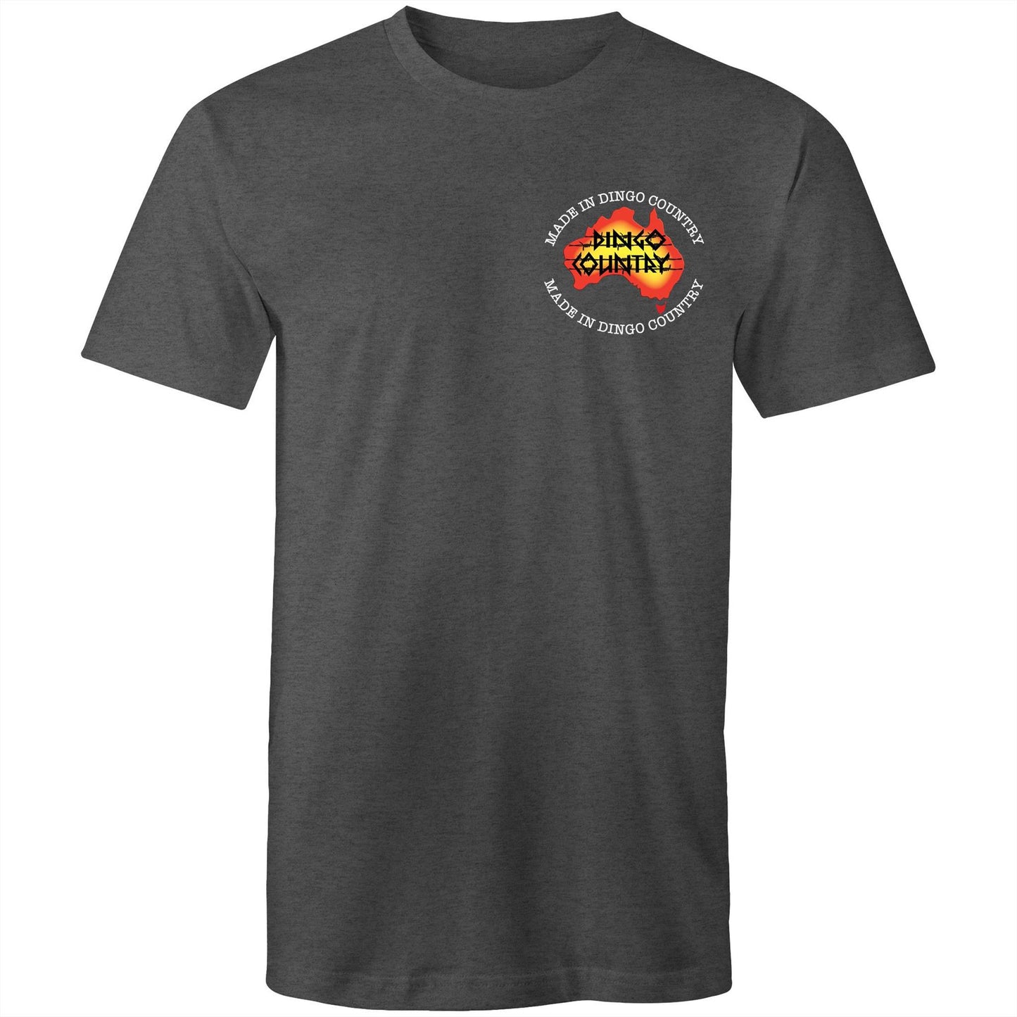 Front view of 'Fly in My Beer' Men's T-Shirt by Dingo Country – plain asphalt marle tee with the colourful logo reading 'Made in Dingo Country'