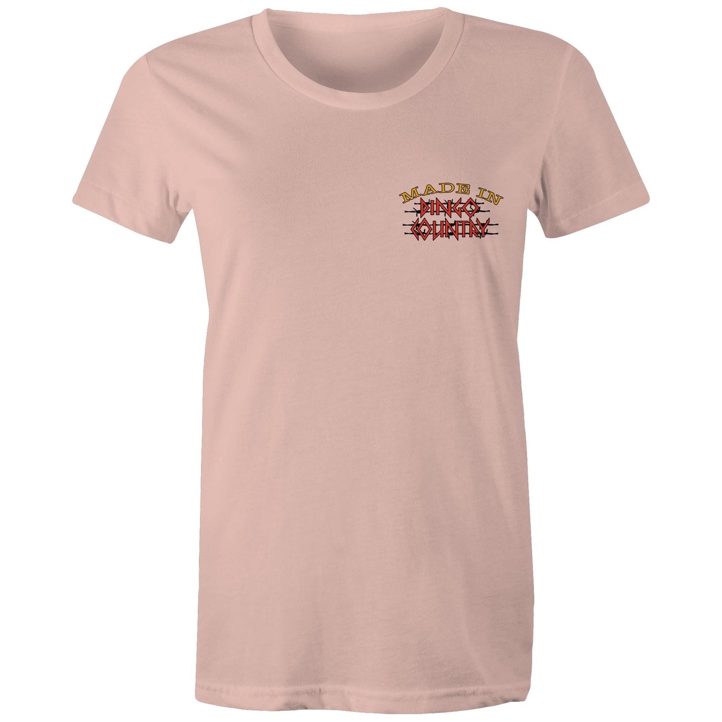 Simple and elegant pale pink Women's Maple Tee with 'Made in Dingo Country' in distressed Australian flag colours across the chest.