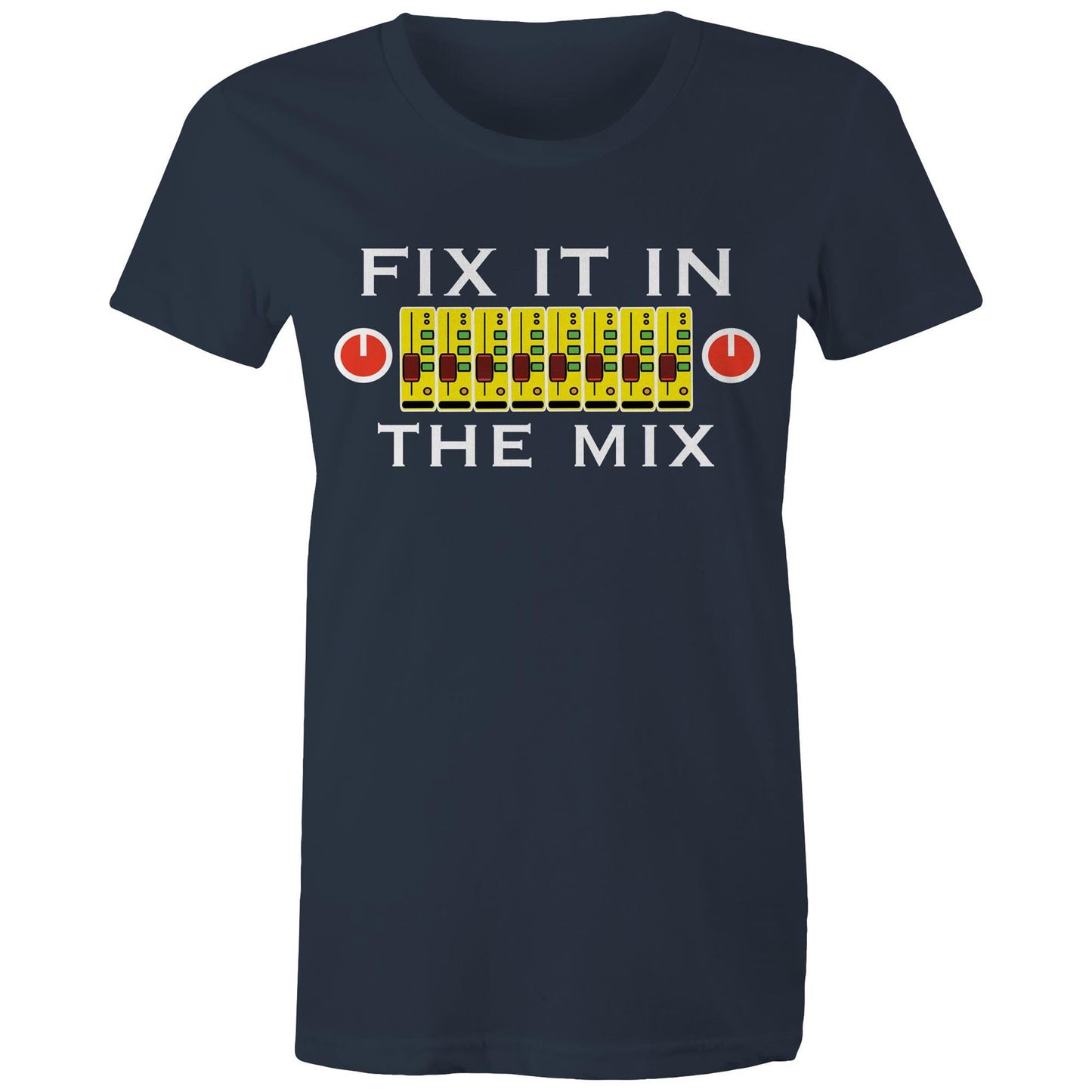 Fix It In The Mix' women's maple tee in Navy with colourful mixer design