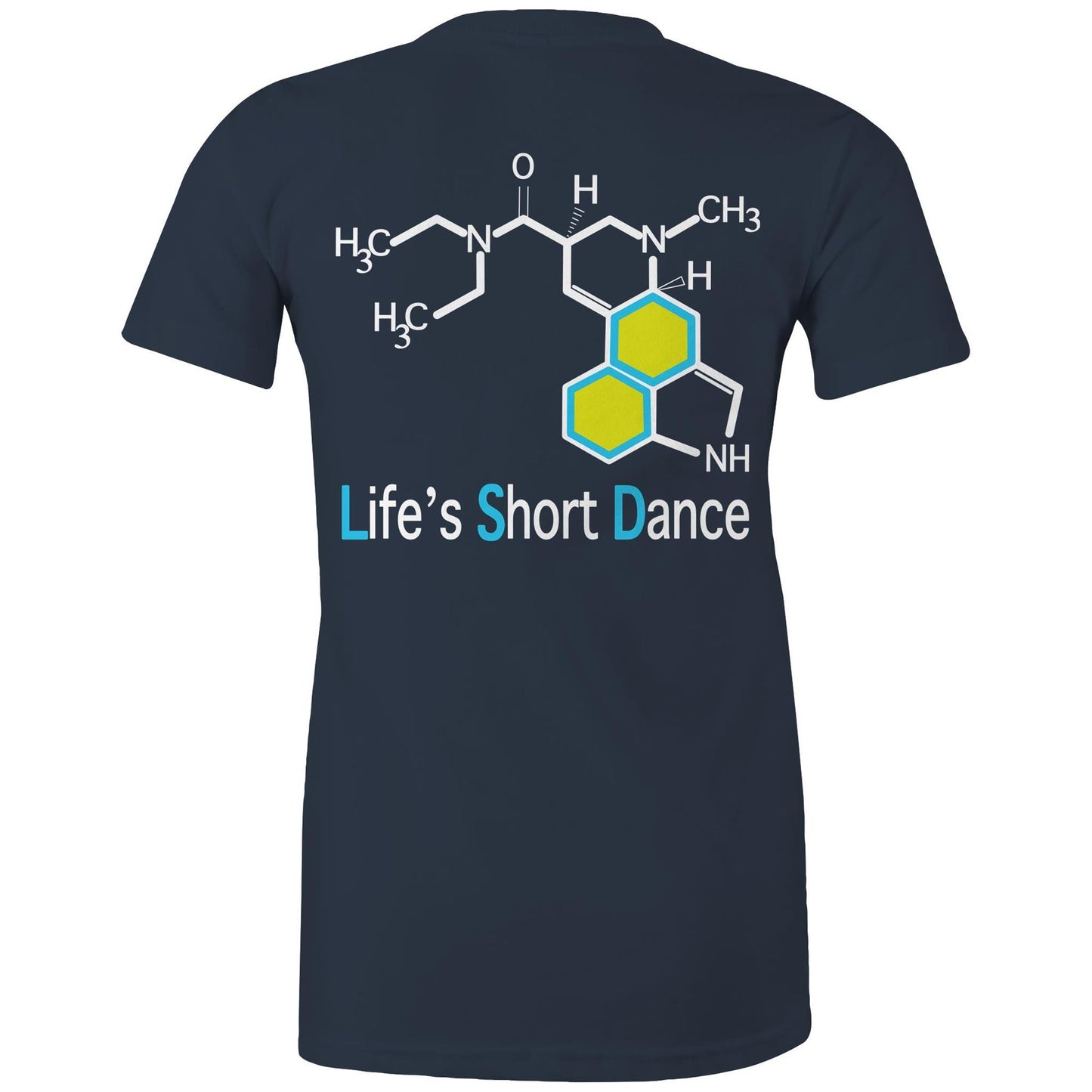 Back view of 'Life’s Short Dance' Women's Navy Maple Tee displaying the large molecular graphic and the slogan "life's short dance"