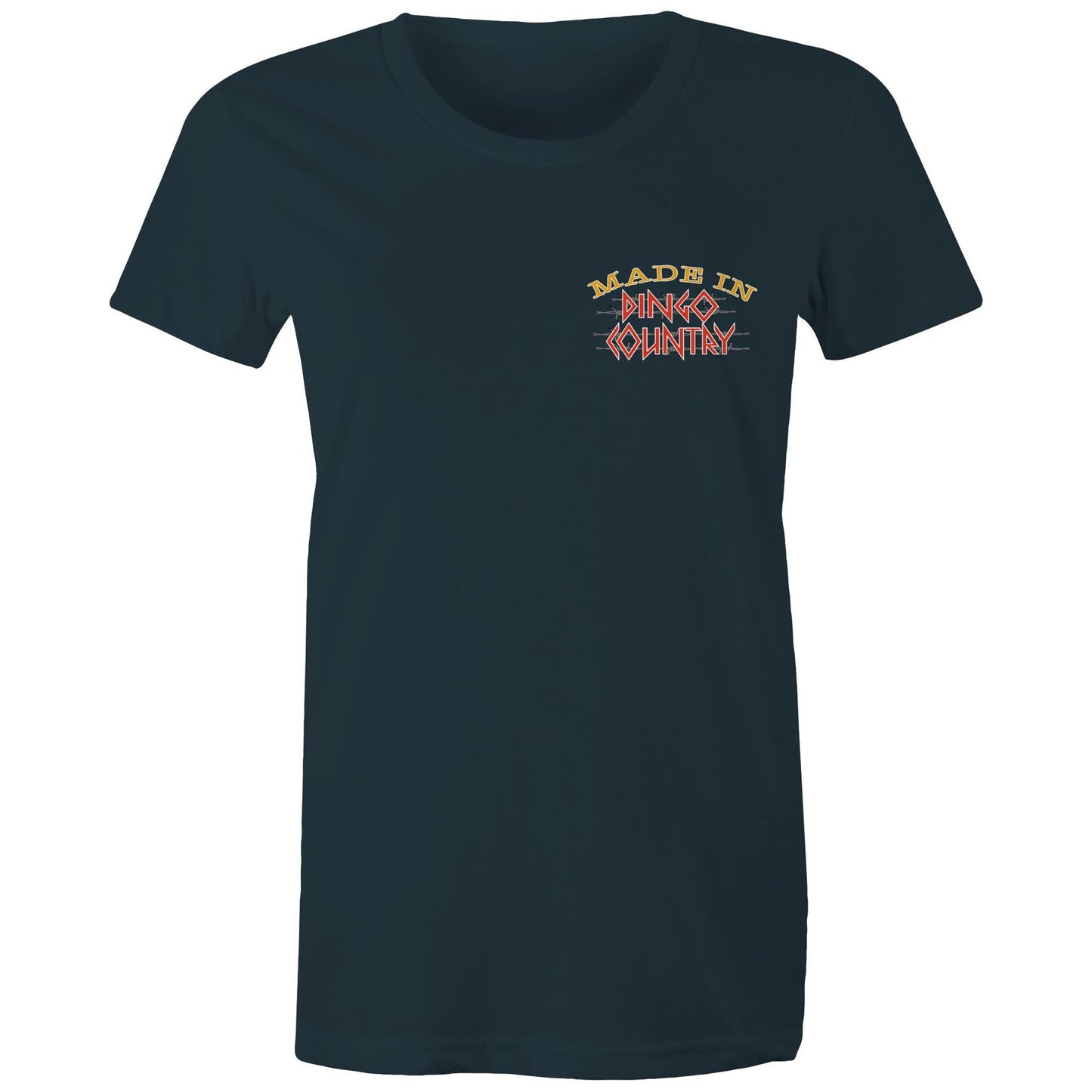 Front view of Dingo Country's indigo Maple Tee, featuring the iconic 'Made in Dingo Country' logo.