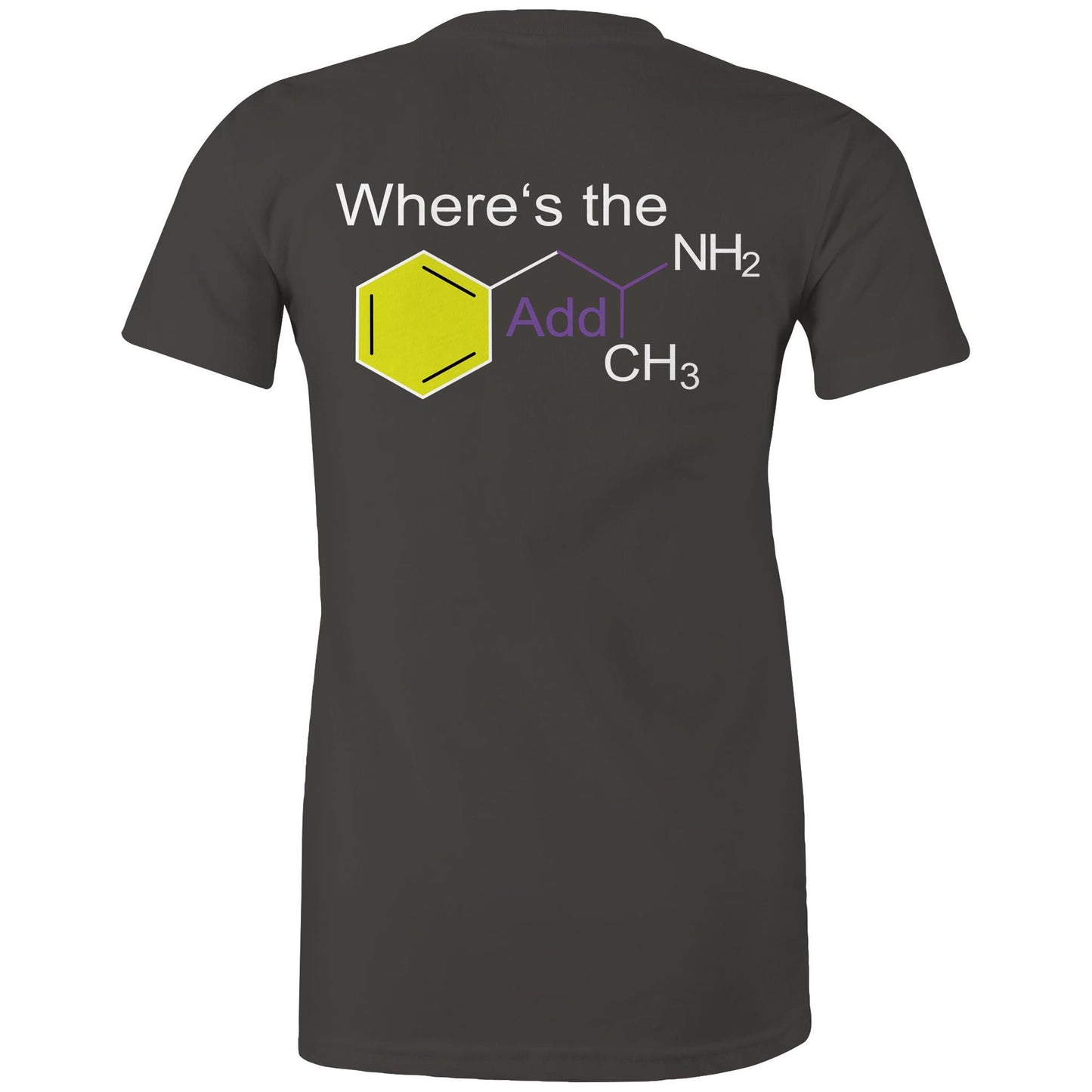 Back view charcoal women's t-shirt showing a playful twist on chemistry with 'Where’s the Addy' integrated within a colourful molecular structure design.