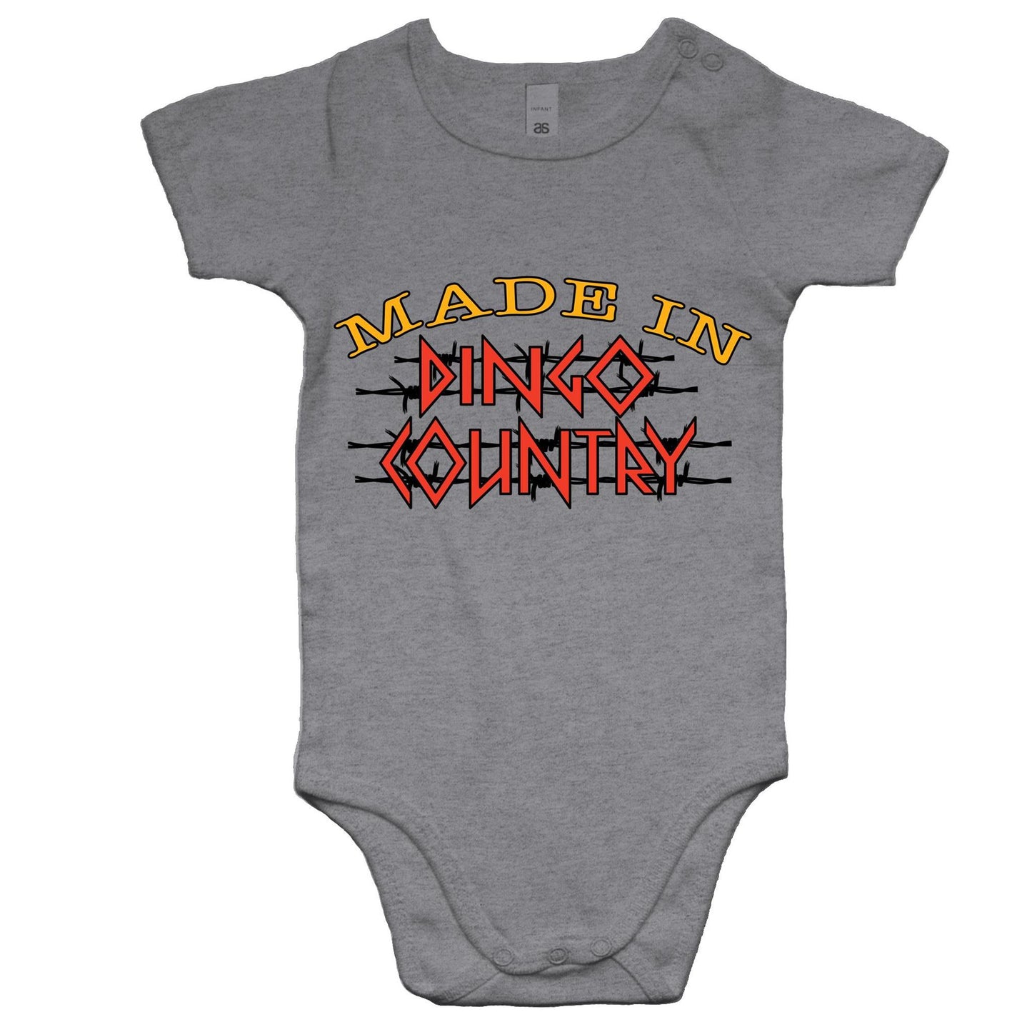 Adorable grey baby onesie featuring 'Made in Dingo Country' design, ideal for the youngest Australian patriots