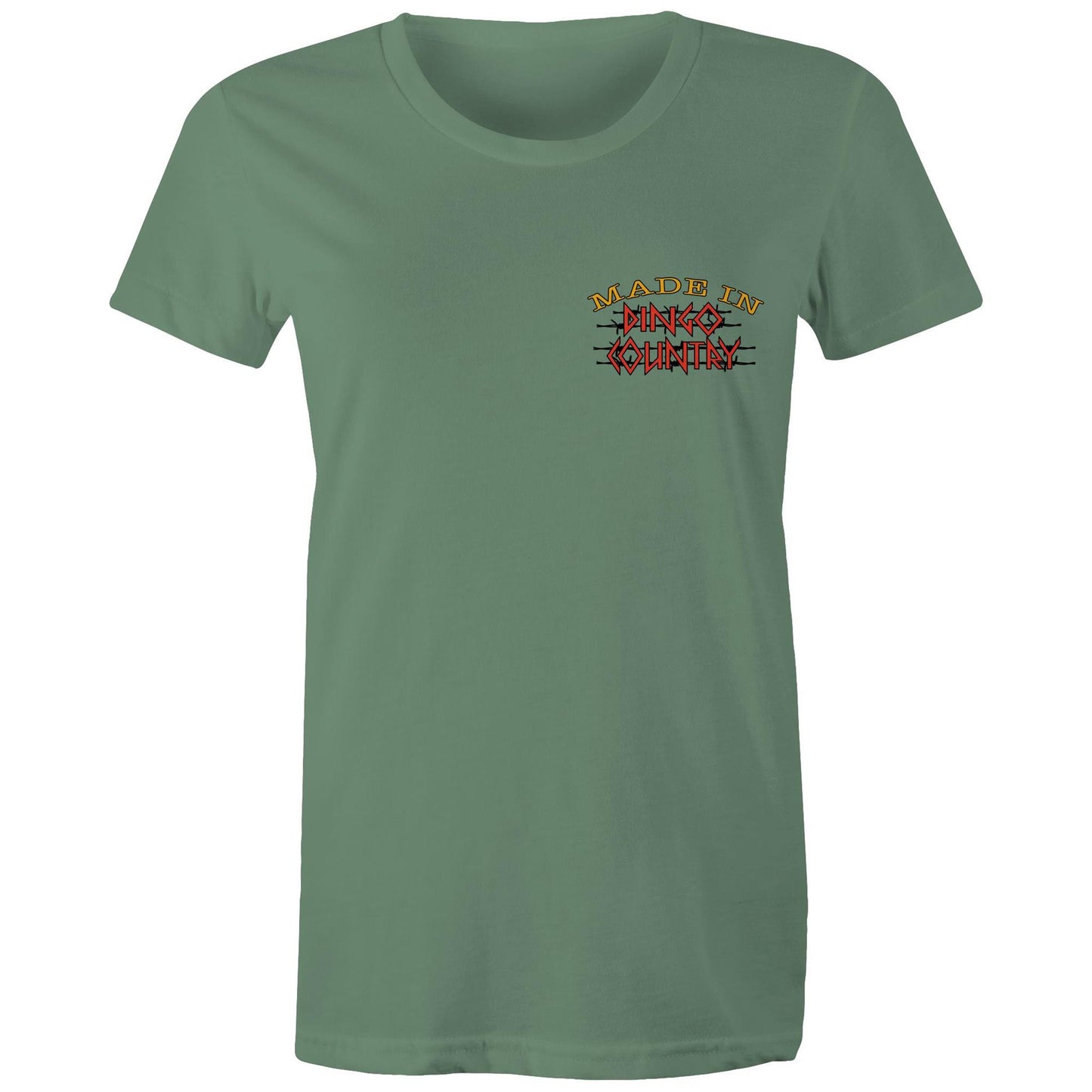 Front view of Dingo Country's sage Maple Tee, featuring the iconic 'Made in Dingo Country' logo.