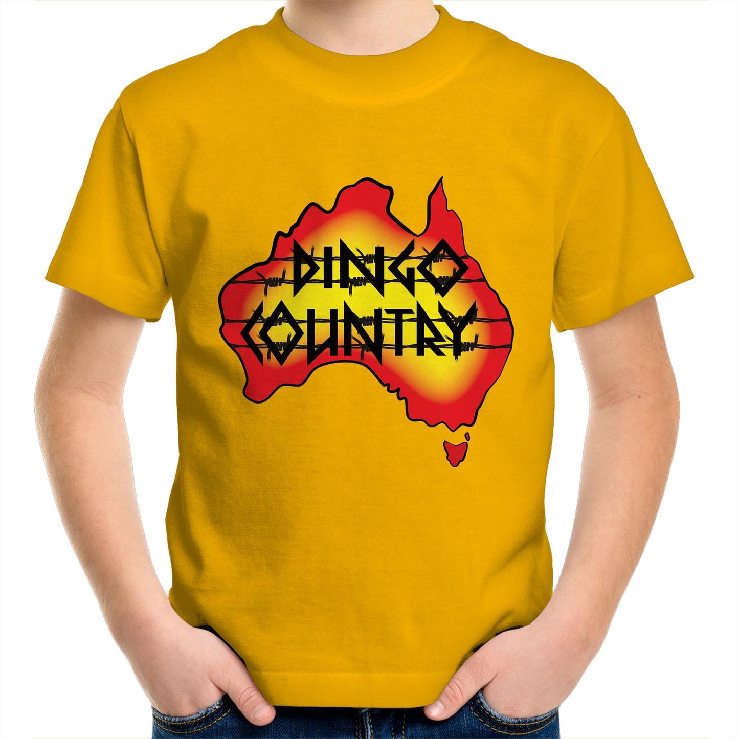 Child wearing Australian map Dingo Country T-shirt Gold