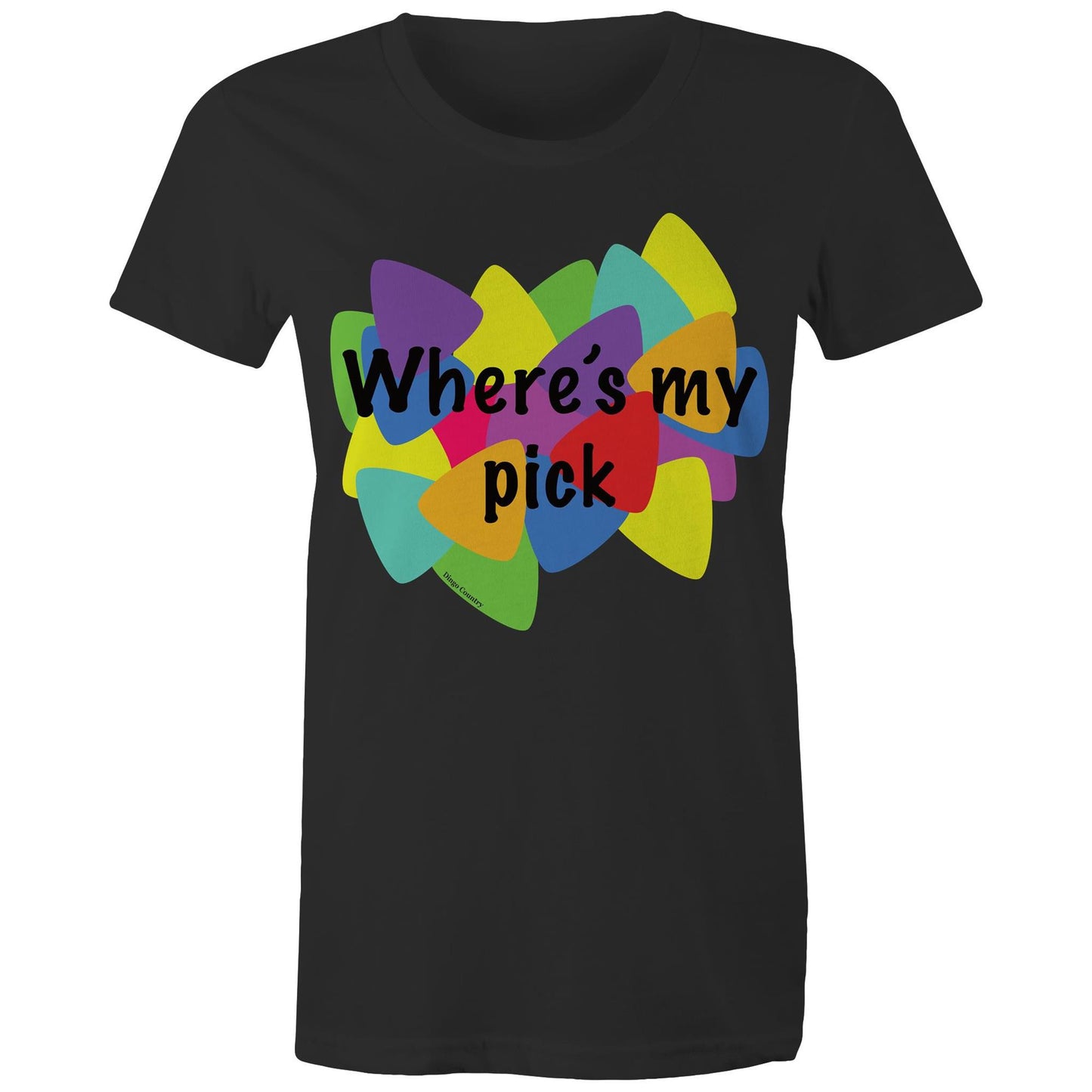"Where's My Pick" Women's Maple Tee in black, featuring a colorful and playful guitar pick graphic in the center with the question "Where's my pick" written across, ideal for those who love a blend of music, style, and fun.