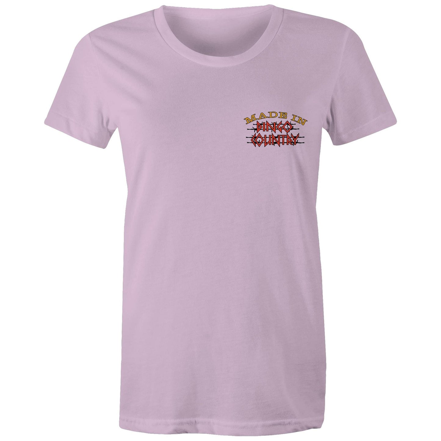 Simple and elegant lavender Women's Maple Tee with 'Made in Dingo Country' in distressed Australian flag colours across the chest.