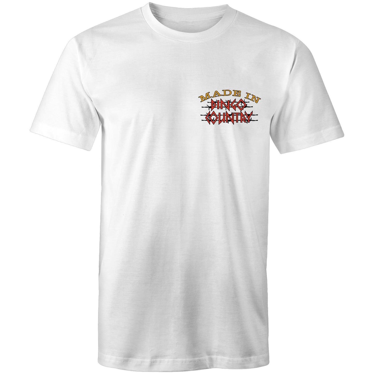 A white men's t-shirt with a small, central chest print that reads "Made in Dingo Country", The print is stylized with the Australian flag colors and distressed lettering to give a rugged, patriotic feel.
