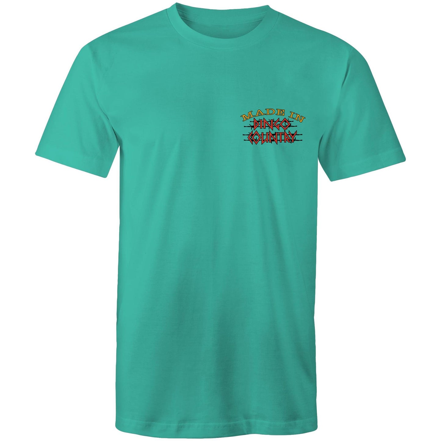 Men's casual teal T-shirt with 'Made in Dingo Country' logo on the chest, representing Australian heritage with style.