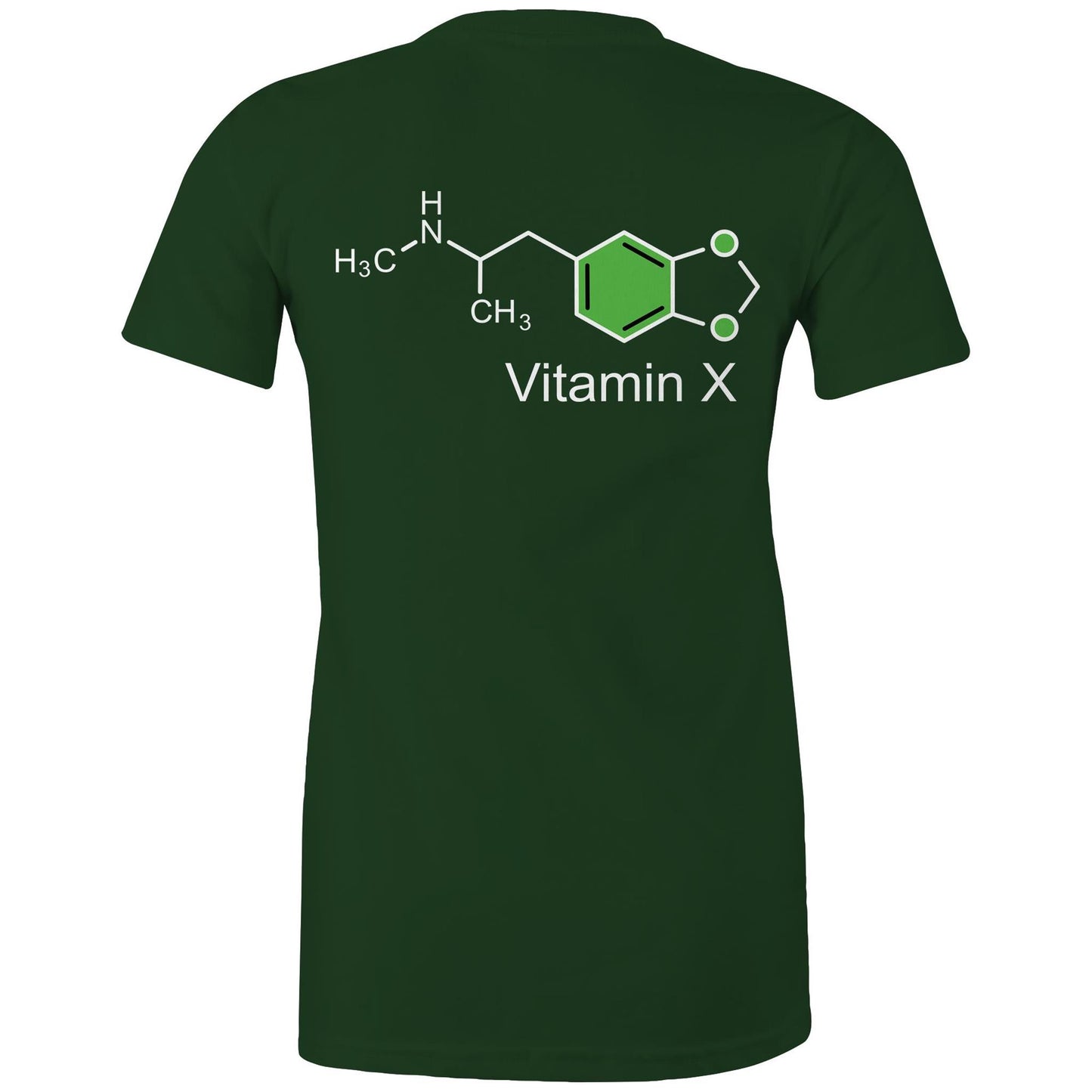Chemical structure of MDMA, labeled "Vitamin X" on the back of a forrest green women's maple tee.