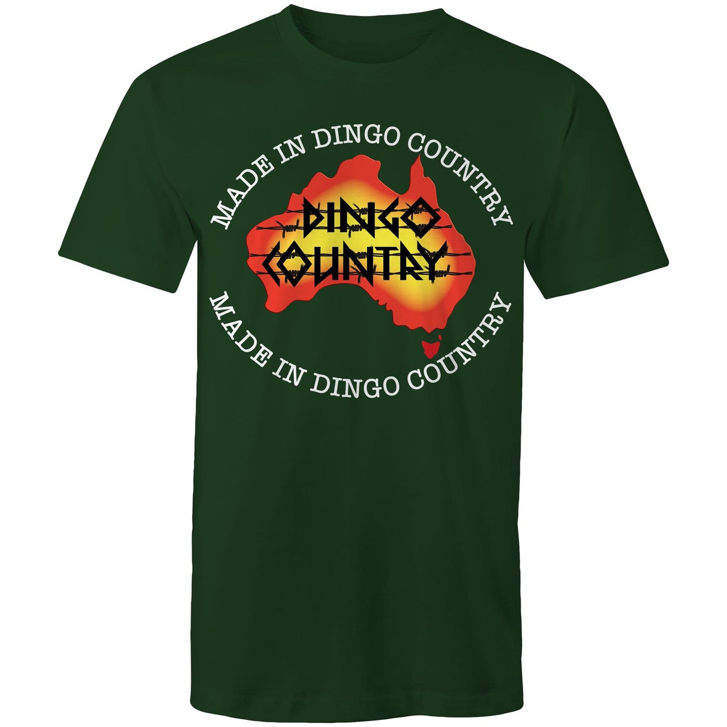 Men's forrest green T-shirt highlighting a map of Australia with a 'Made in Dingo Country' motif, combining national pride and a sunburnt colour palette.