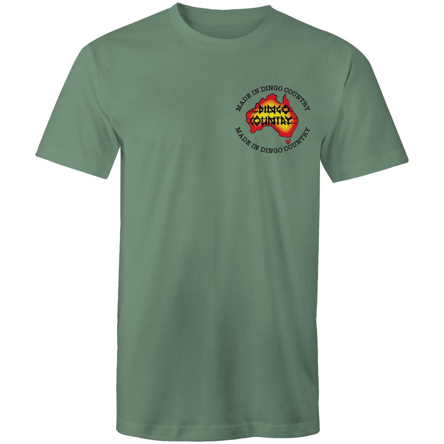 Front view of 'Fly in My Beer' Men's T-Shirt by Dingo Country – plain sage tee with the colourful logo reading 'Made in Dingo Country'