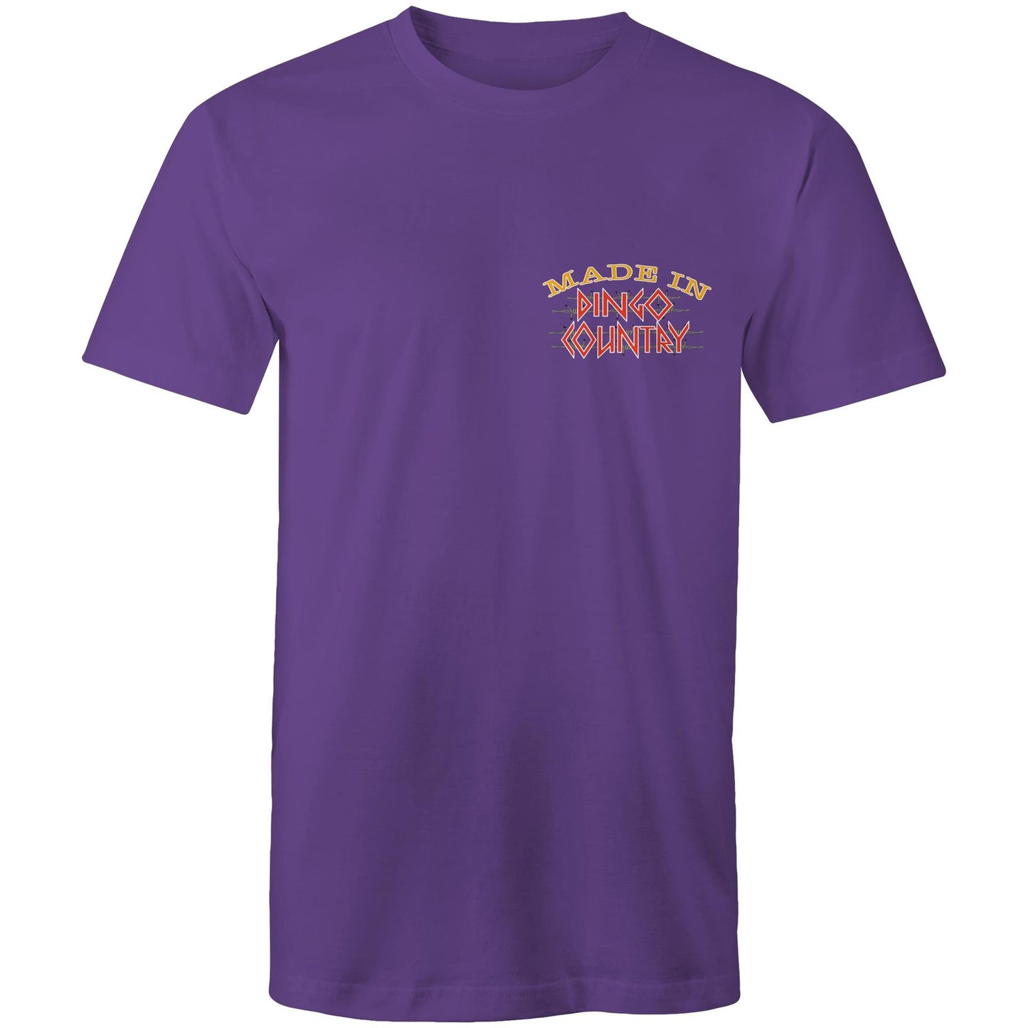 Men's casual purple T-shirt with 'Made in Dingo Country' logo on the chest, representing Australian heritage with style.