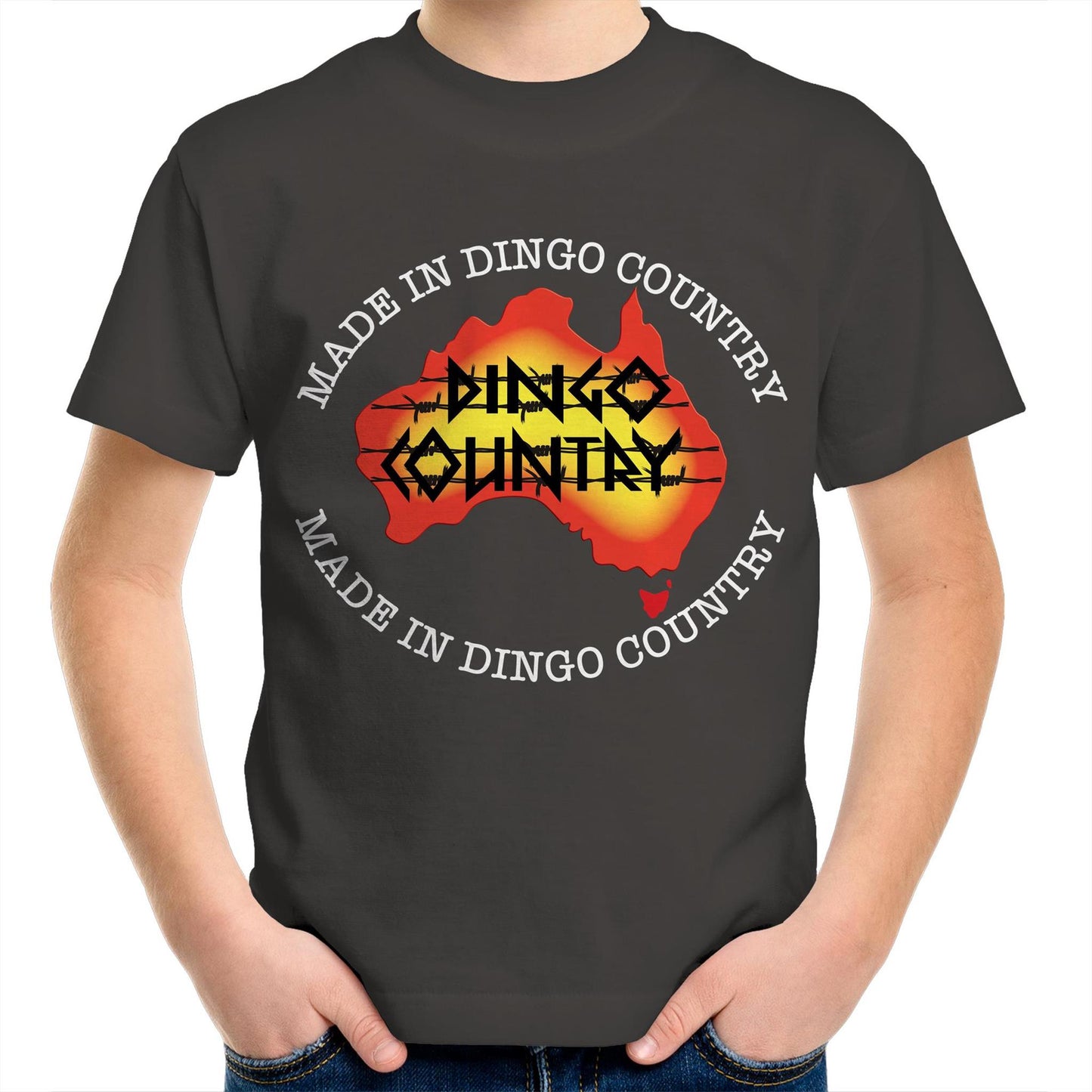 Child's charcoal crew-neck t-shirt with 'Made in Dingo Country' Australia map design, available in 10 vibrant colors for a fun Australian-themed style.