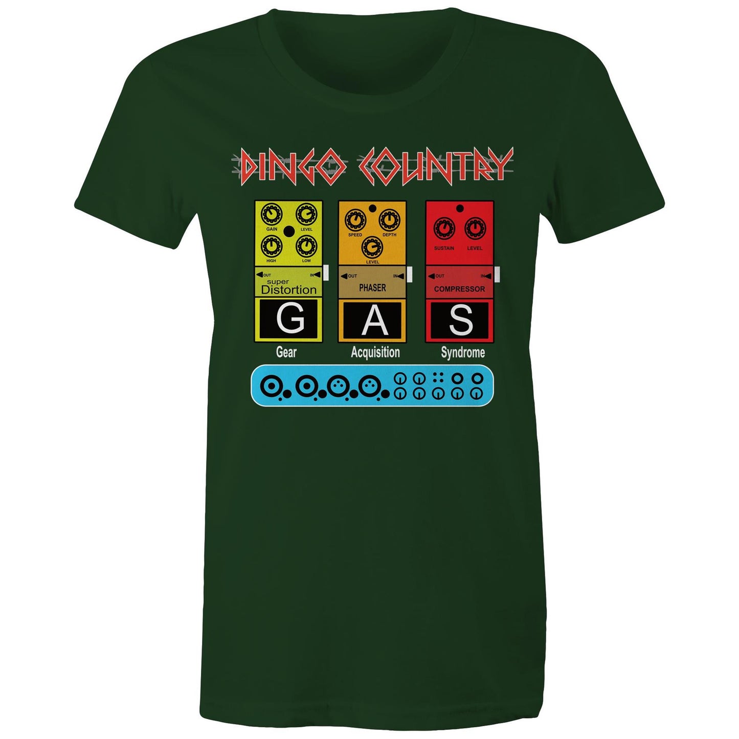Close-up of the GAS Effect Pedal Women's T-Shirt forrest green by Dingo Country, celebrating music gear culture