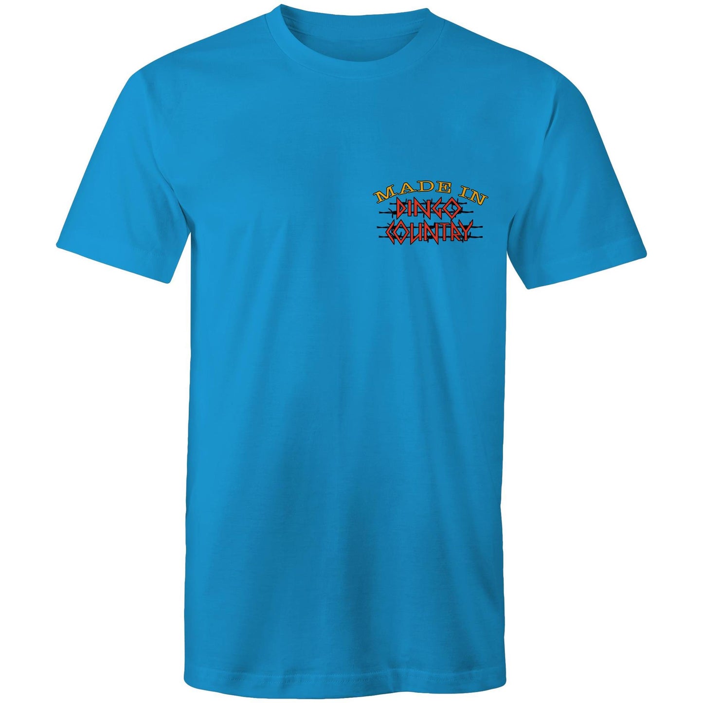 Men's arctic blue T-shirt with a small 'Made in Dingo Country' chest logo, signifying understated Australian pride and a love for homegrown science.