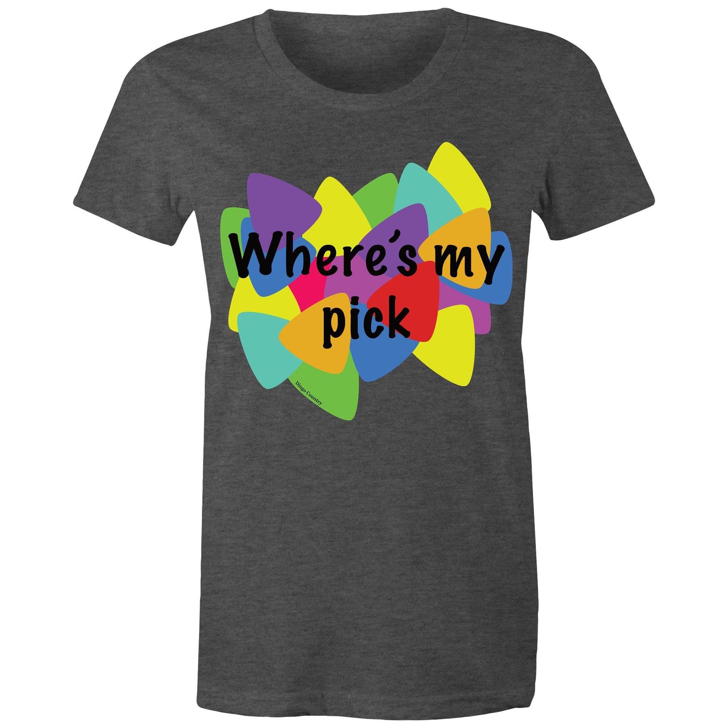 "Where's My Pick" Women's Maple Tee in asphalt, featuring a colourful and playful guitar pick graphic in the center with the question "Where's my pick" written across, ideal for those who love a blend of music, style, and fun.