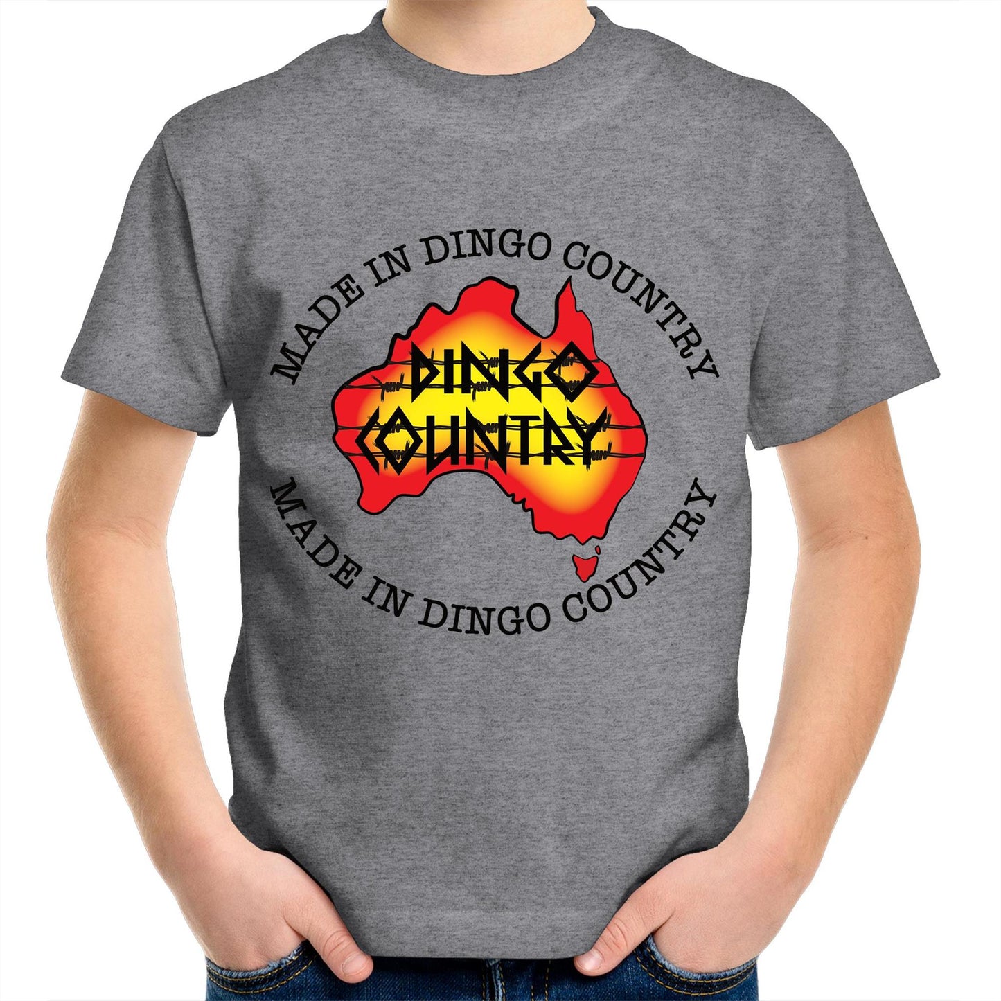 Child's grey crew-neck t-shirt with 'Made in Dingo Country' Australia map design, available in 10 vibrant colors for a fun Australian-themed style.