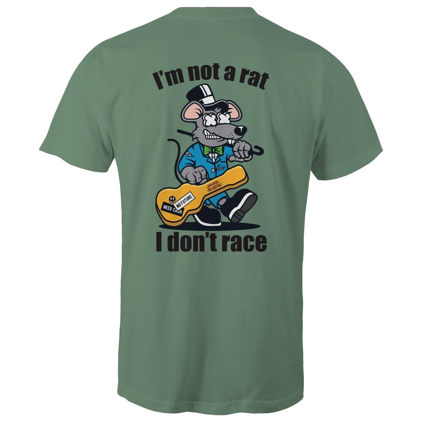 Sage mens T-shirt- Graphic print of a rat playing the guitar with 'I'm Not a Rat, I Don't Race' slogan, showcasing a playful nod to music enthusiasts.