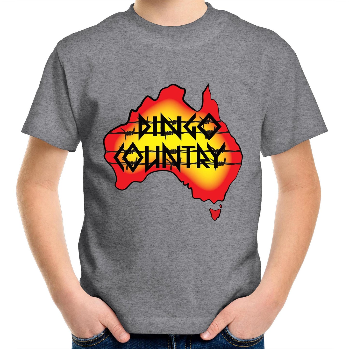 Child wearing Australian map Dingo Country T-shirt Grey