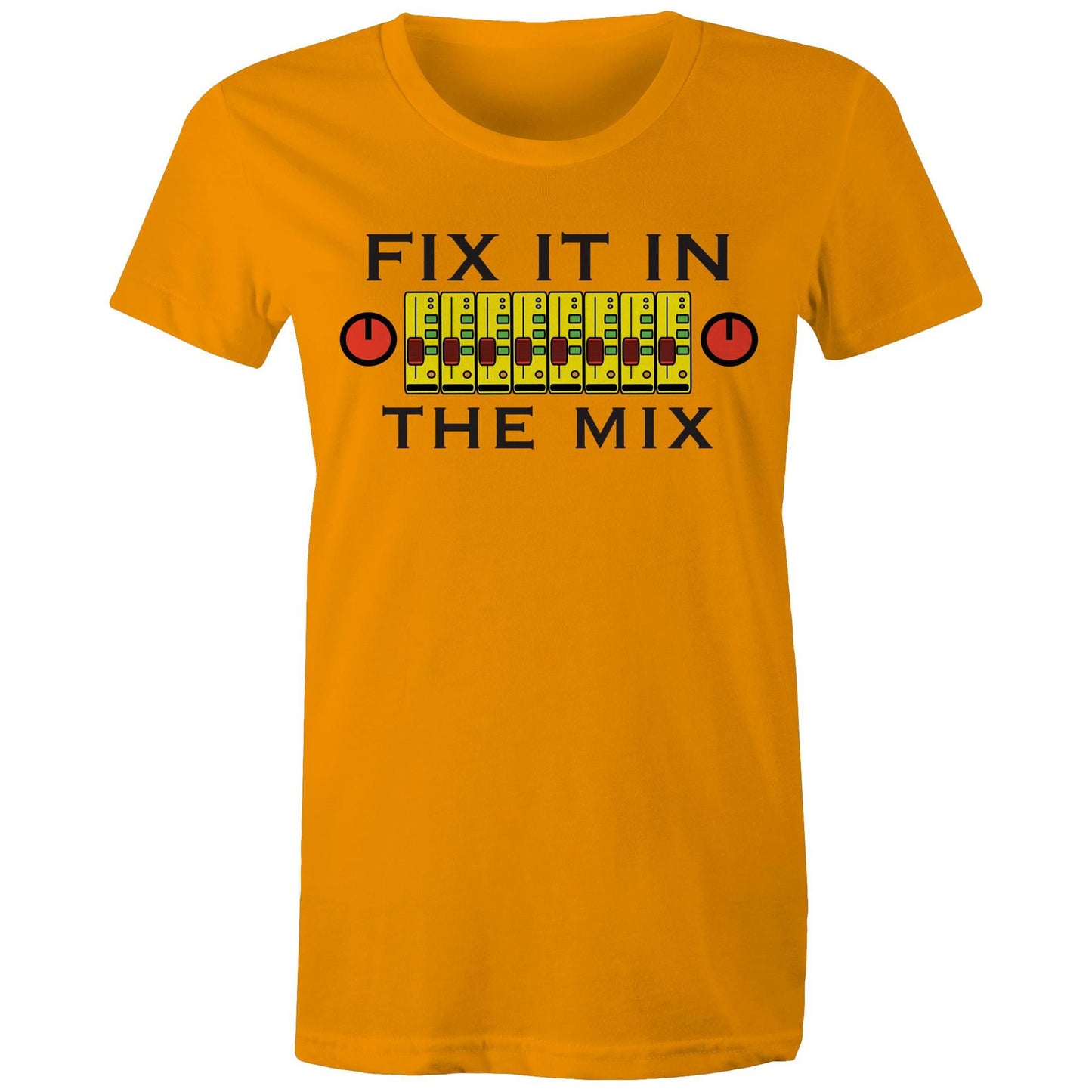 Fix It In The Mix' women's maple tee in orange with colorful mixer design