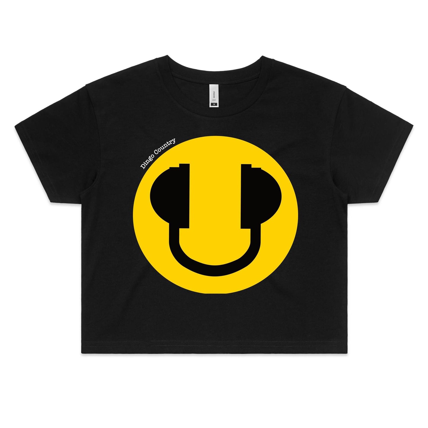 Chic black women's crop tee featuring a central yellow smiley face with black headphone accents, available in black and white, from Dingo Country.