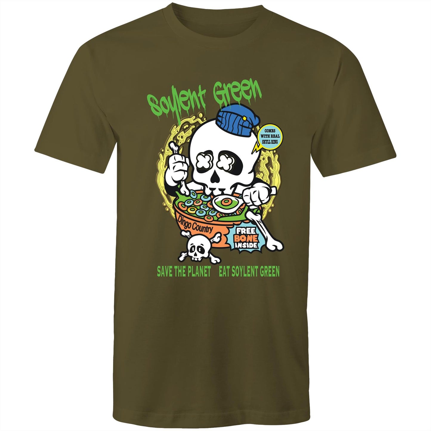 Army green men's T-shirt with a colourful 'Soylent Green' graphic, showcasing a skull eating cereal and a 'Save the Planet, Eat Soylent Green' message.
