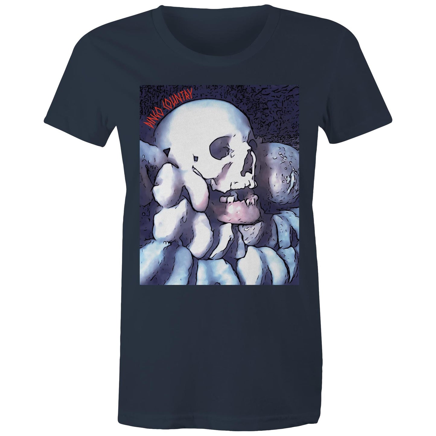DC Skull print on Women's Maple Tee on navy shirt