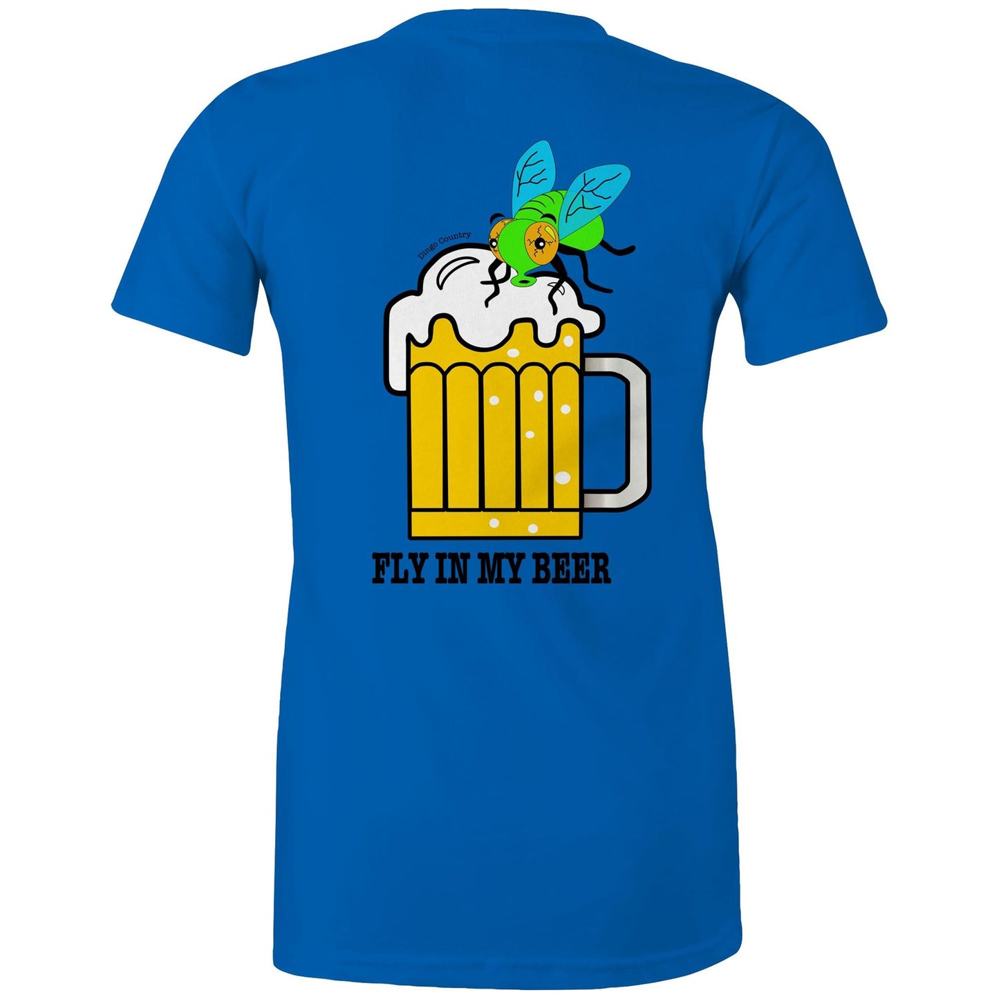 Back view of the bright royal 'Fly in My Beer' T-shirt featuring a humorous print with a cartoon fly in a frothy beer mug and the playful text below