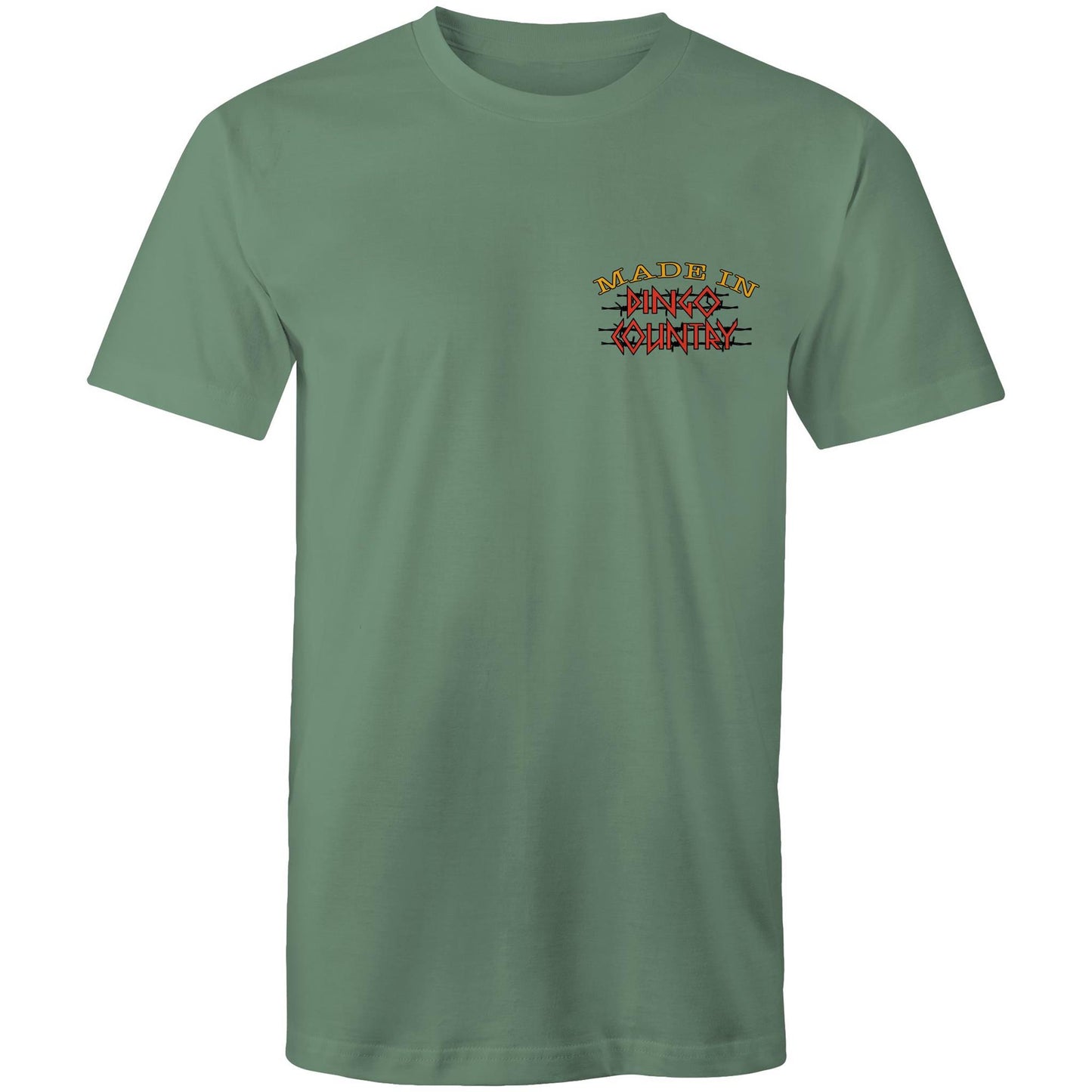 Front view of 'Life’s Short Dance' Men's T-Shirt showcasing the 'Made in Dingo Country' logo in warm earthy tones on a sage background.