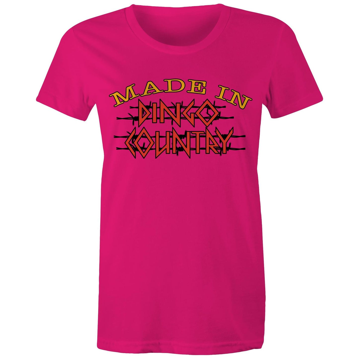 Comfortable fuchsia Women's Maple Tee with 'Made in Dingo Country' graphic in bold yellow and red, capturing the adventurous Aussie spirit