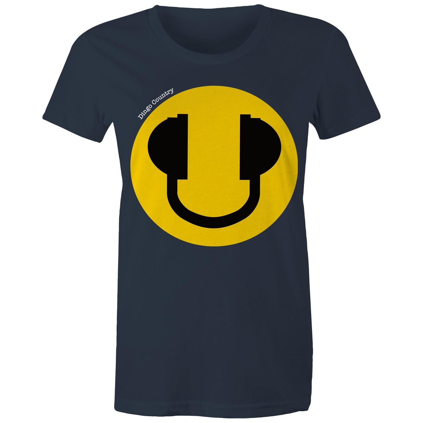 Women's Maple Tee in navy with a bold yellow smiley face and headphone design, expressing a fun-loving music vibe, available at Dingo Country.
