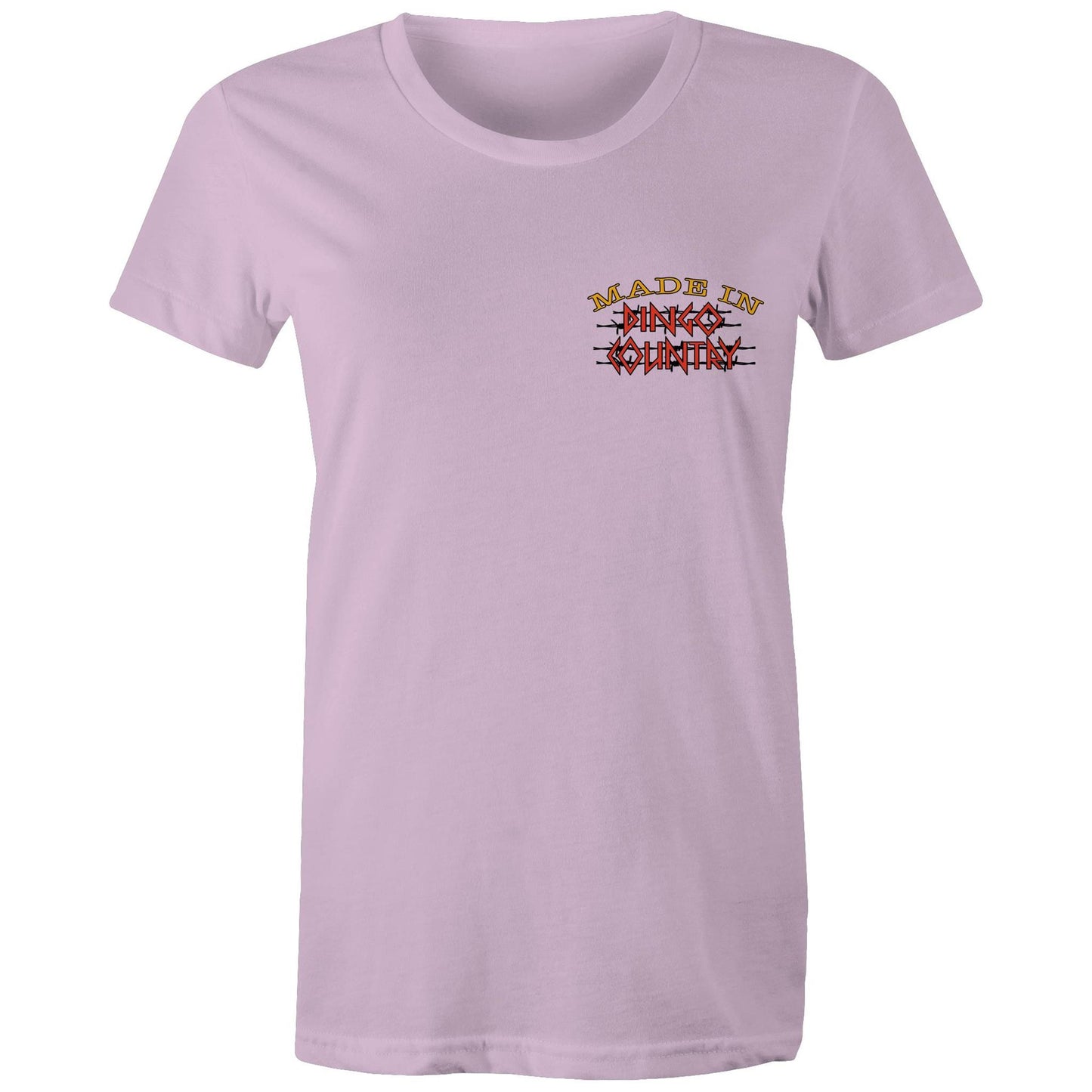 Front view of Dingo Country's lavender Maple Tee, featuring the iconic 'Made in Dingo Country' logo.